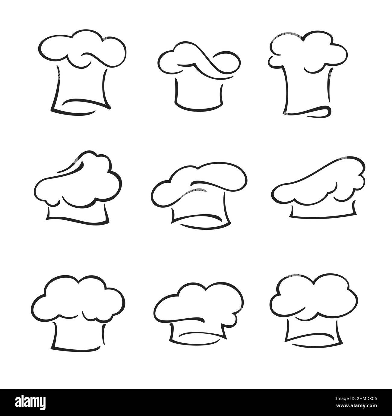 Cappello e toque dello chef, cuoco e cuoco tappi vettoriali isolati. Uniforme cucina da forno o da ristorante. Cappelli in cotone bianco profilo di restauri francesi o italiani Illustrazione Vettoriale