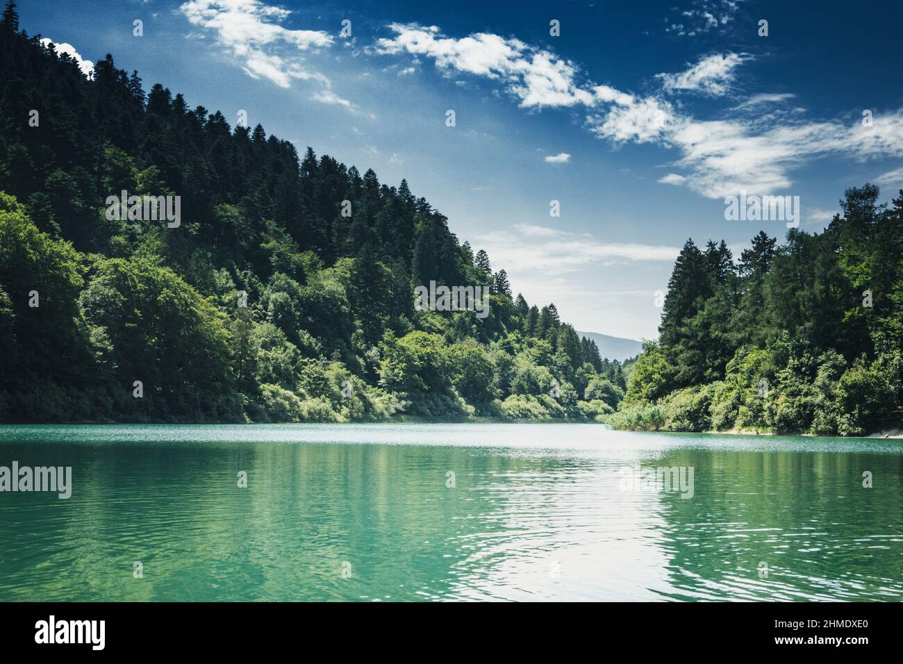 Bella vista del lago tranquillo con foresta verde in giornata di sole contro cielo nuvoloso Foto Stock