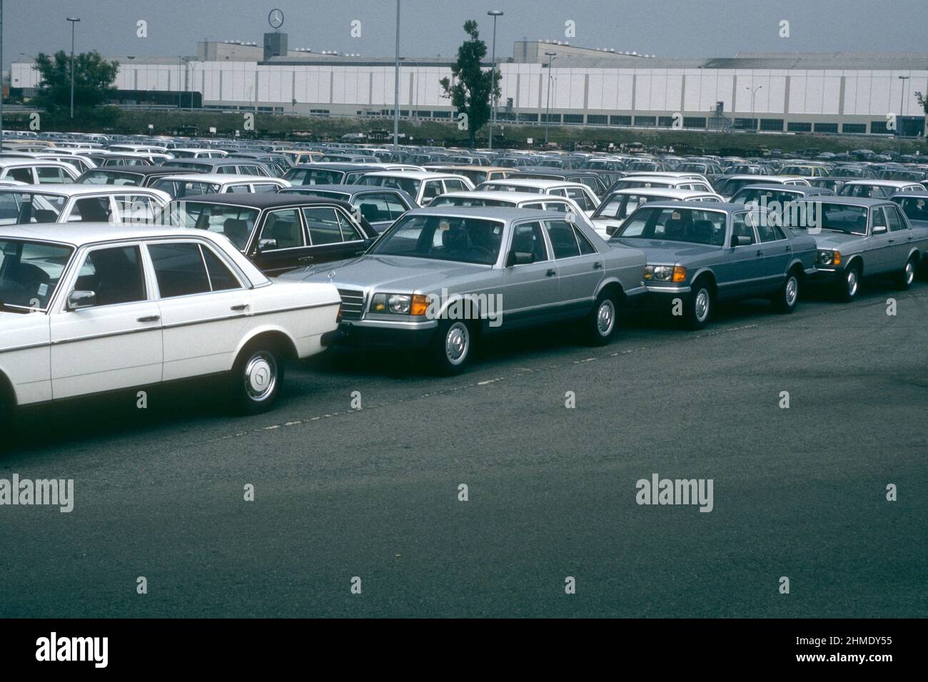 Nuove vetture Mercedes fuori dalla fabbrica Mercedes nel 1981, Stoccarda, Baden-Württemberg, Germania Foto Stock