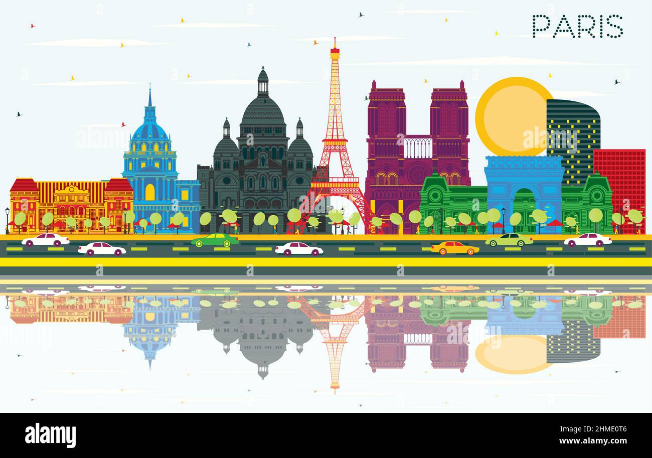 Parigi Francia dello skyline della città con edifici di colore, cielo blu e riflessi. Illustrazione Vettoriale. Viaggi di lavoro e di concetto con architettura storica. Illustrazione Vettoriale