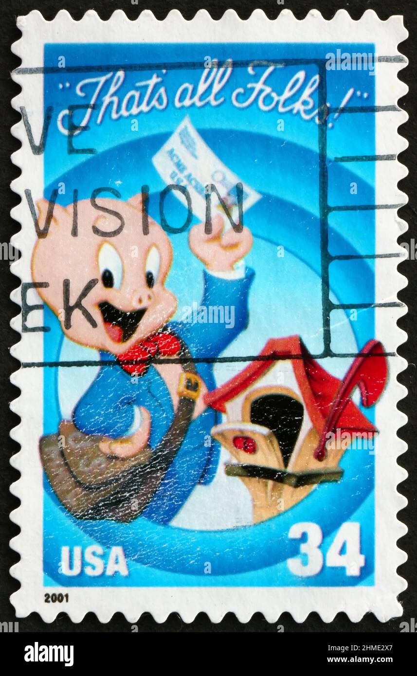 USA - CIRCA 2001: Un francobollo stampato negli USA mostra Porky Pig a Mailbox, circa 2001 Foto Stock