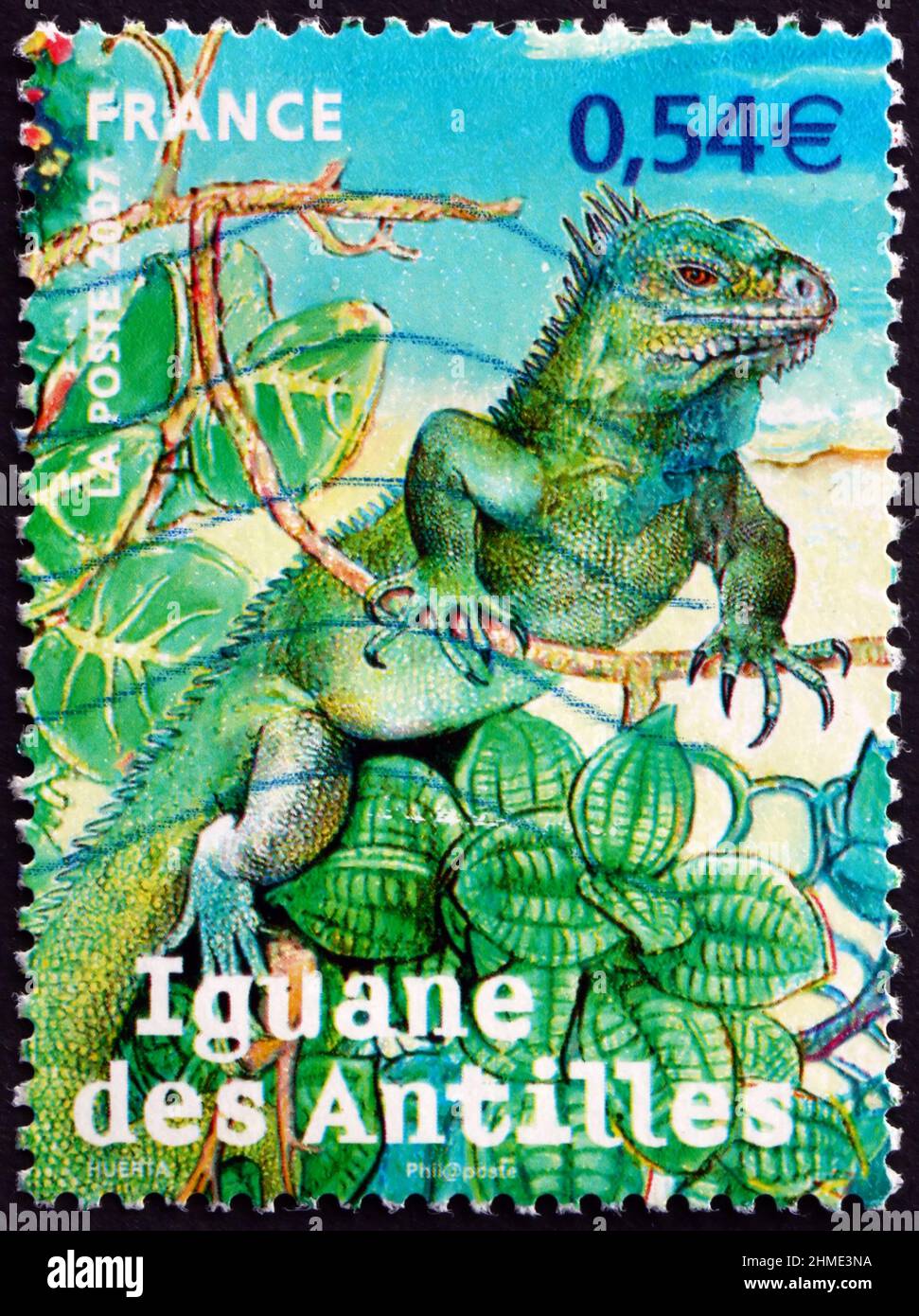 FRANCIA - CIRCA 2007: Un francobollo stampato in Francia mostra l'iguana antillana (iguana delicatissima), è una grande lucertola arborea endemica della minore Antille Foto Stock