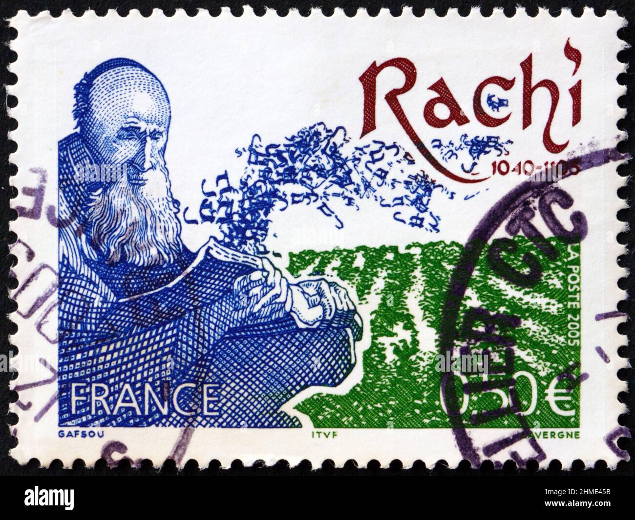FRANCIA - CIRCA 2005: Un francobollo stampato in Francia mostra Rabbi Shlomo Yitshaqi (Rashi), vissuto dal 1040 al 1105, è stato il commentatore Biblico eccezionale Foto Stock