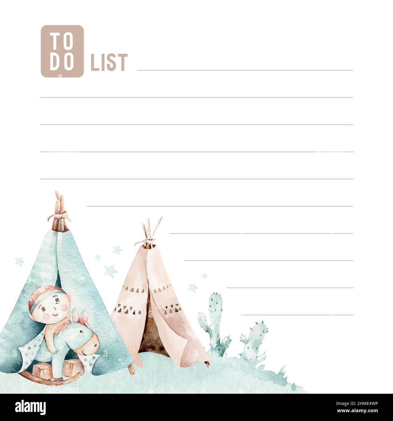 Acquerello con elementi etnici messicani: cactus, teepee, wigwam tradizionale, invito Boho partito. Baby boy baby doccia. Selvaggio ovest Foto Stock