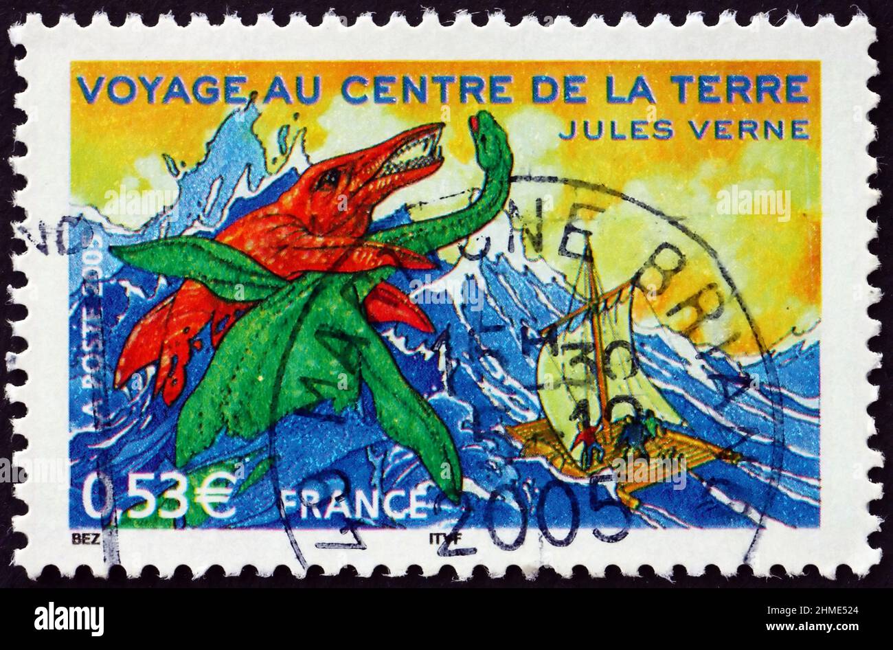 FRANCIA - CIRCA 2005: Un francobollo stampato in Francia mostra viaggio al centro della Terra, Storia di Jules Verne, circa 2005 Foto Stock