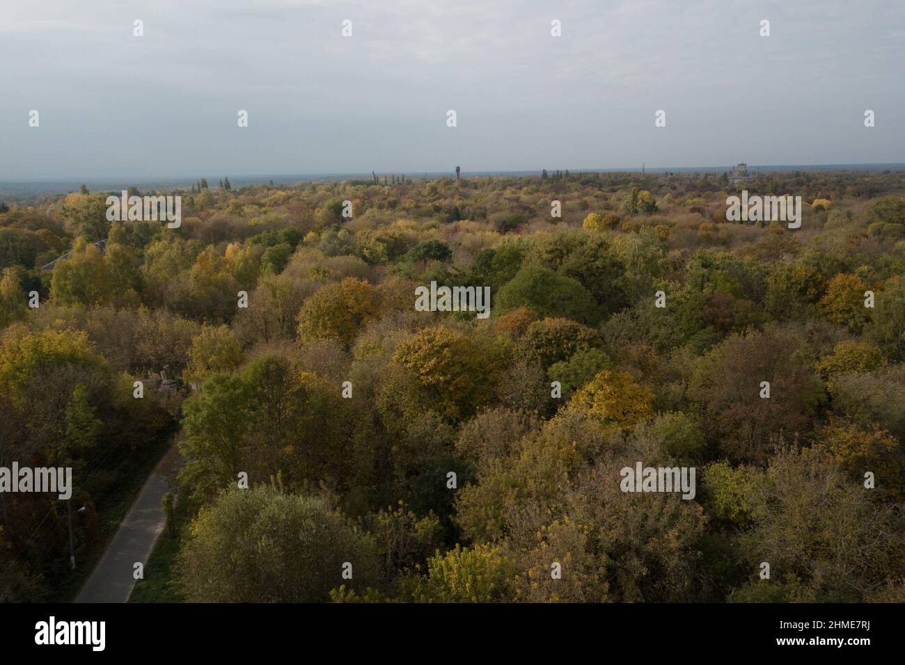 Vista aerea della città di Chernobyl, ancora popolata dai lavoratori della centrale nucleare di Chernobyl. Foto Stock