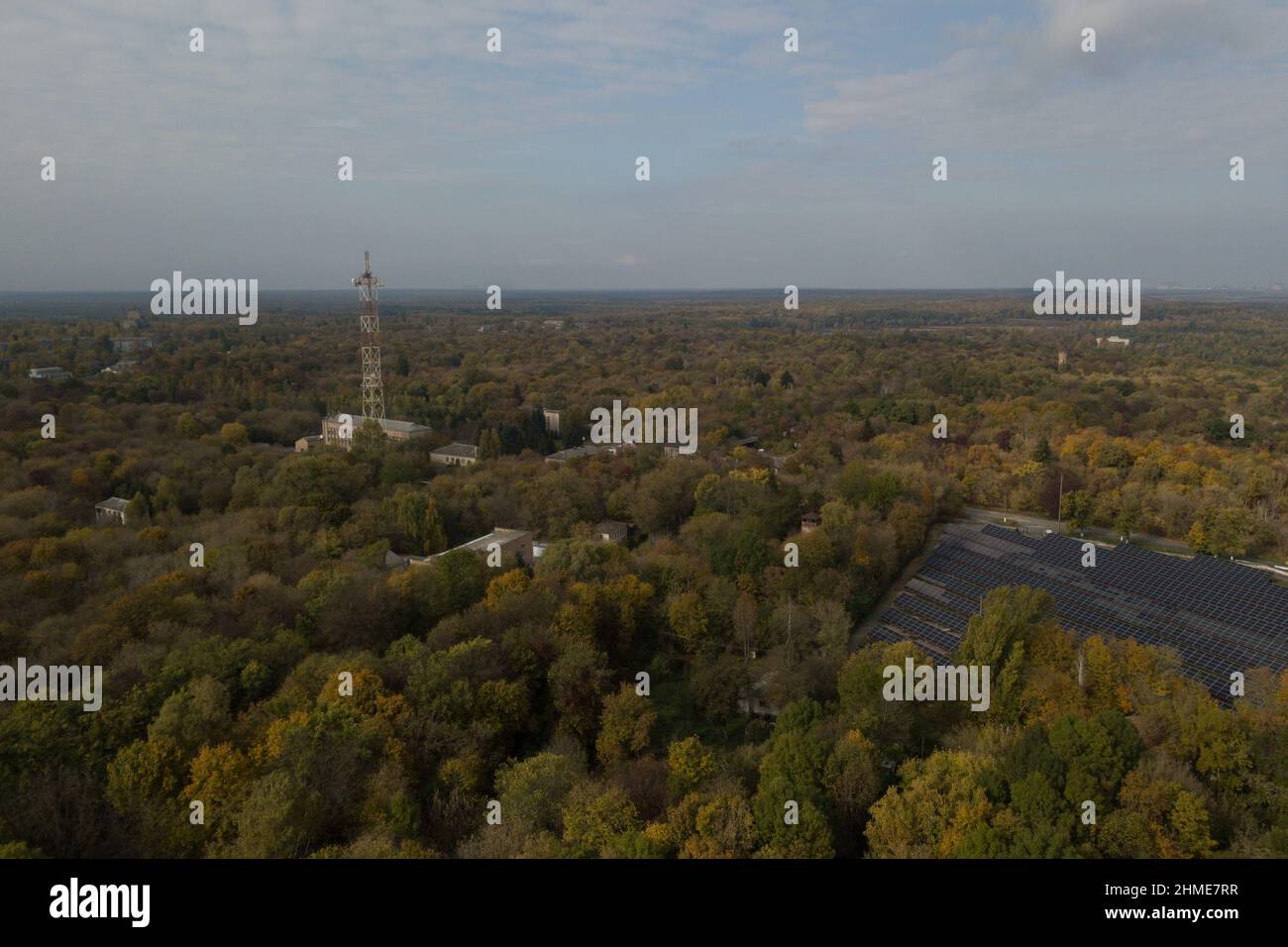 Vista aerea della città di Chernobyl, ancora popolata dai lavoratori della centrale nucleare di Chernobyl. Foto Stock