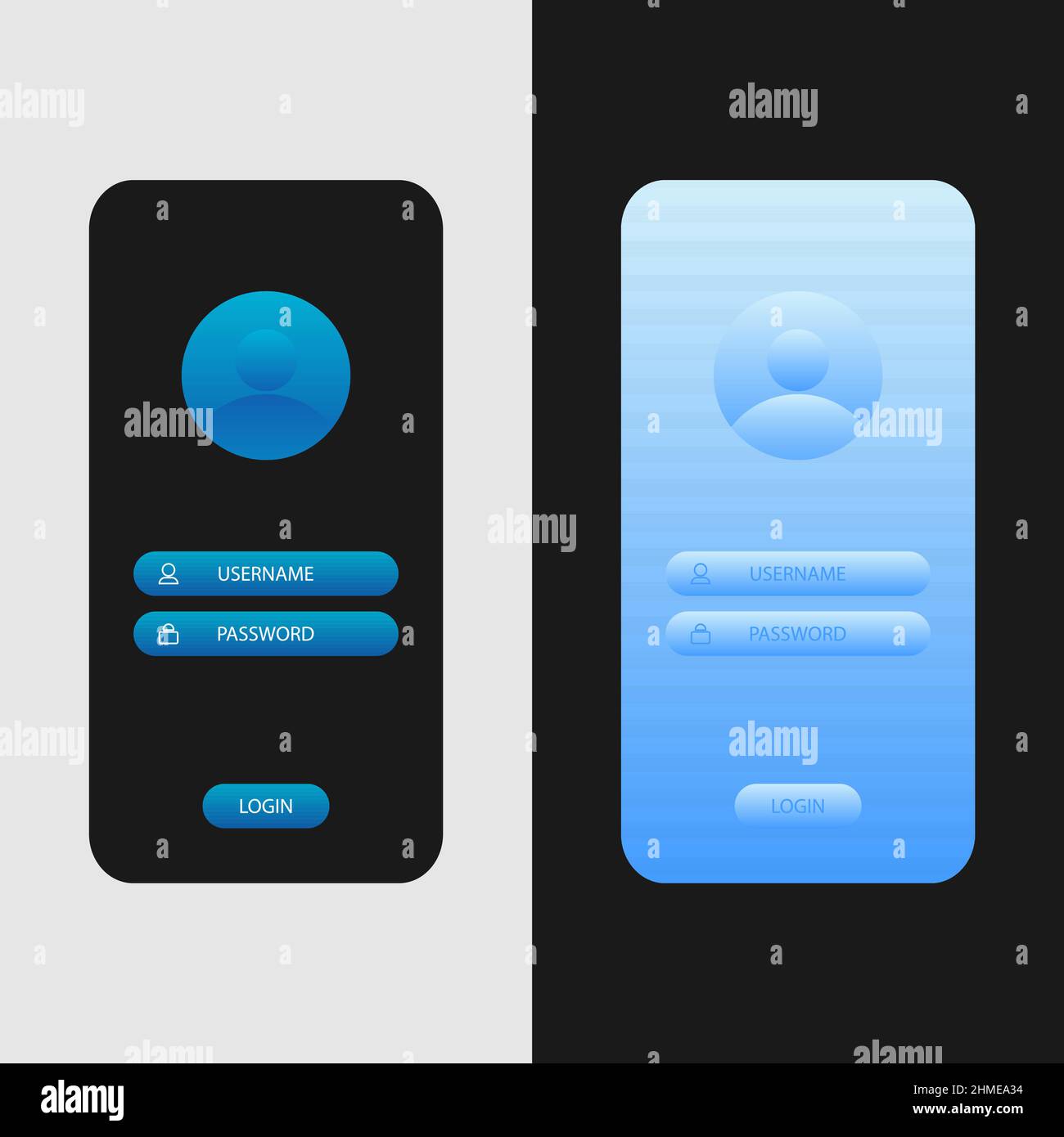 Menu di registrazione bianco blu e viola nell'applicazione o sul sito Web in colori chiari e scuri. Illustrazione Vettoriale