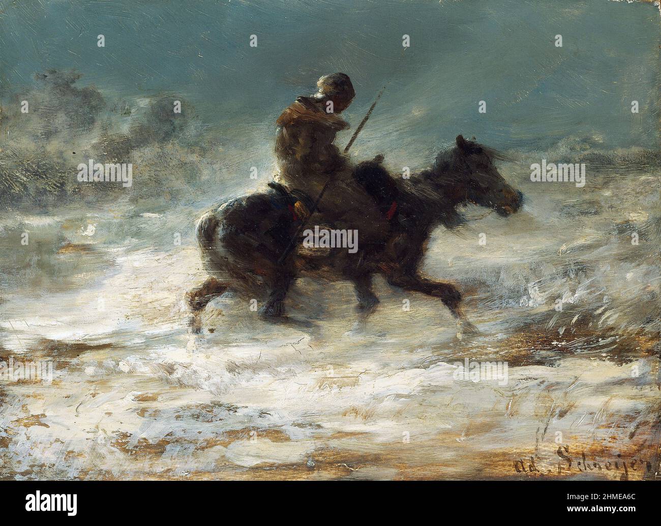 Uomo con lancia che corre attraverso la neve di Adolf Schreyer (1828-1899), olio su tela, 1863 Foto Stock