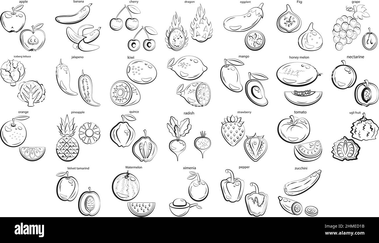 Una serie di icone piatte di frutta e verdura disegnate con linee nere. Illustrazione Vettoriale