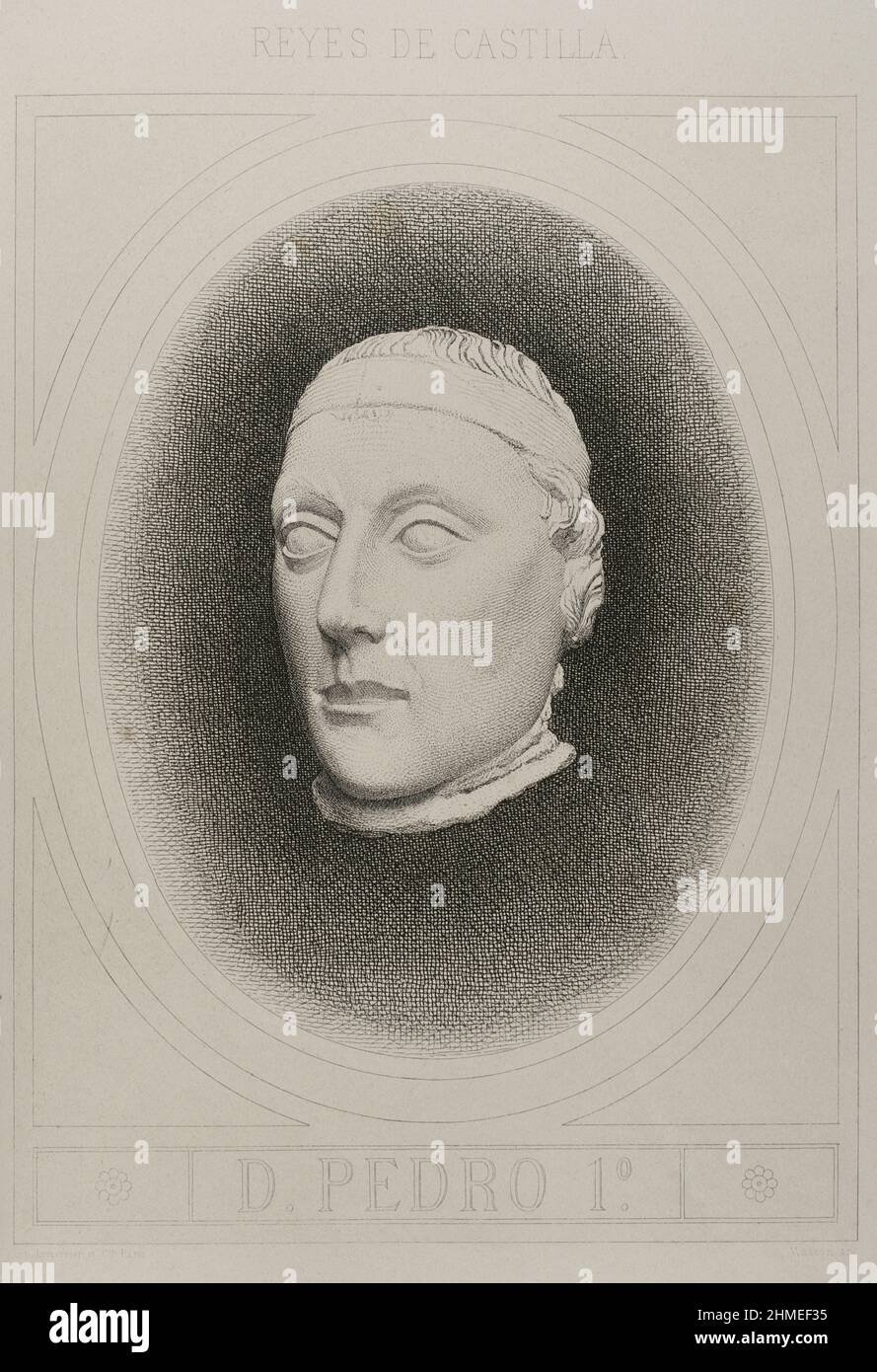 Pietro i di Castiglia (1334-1369) chiamò il Crociere o il giusto. Re di Castiglia e Leon dal 1350 al 1369. Verticale. Incisione. Incisione di Masson. Litografato da Magín Pujadas. "Historia General de España" di Modesto Lafuente. Volume II. Pubblicato a Barcellona, 1879. Foto Stock