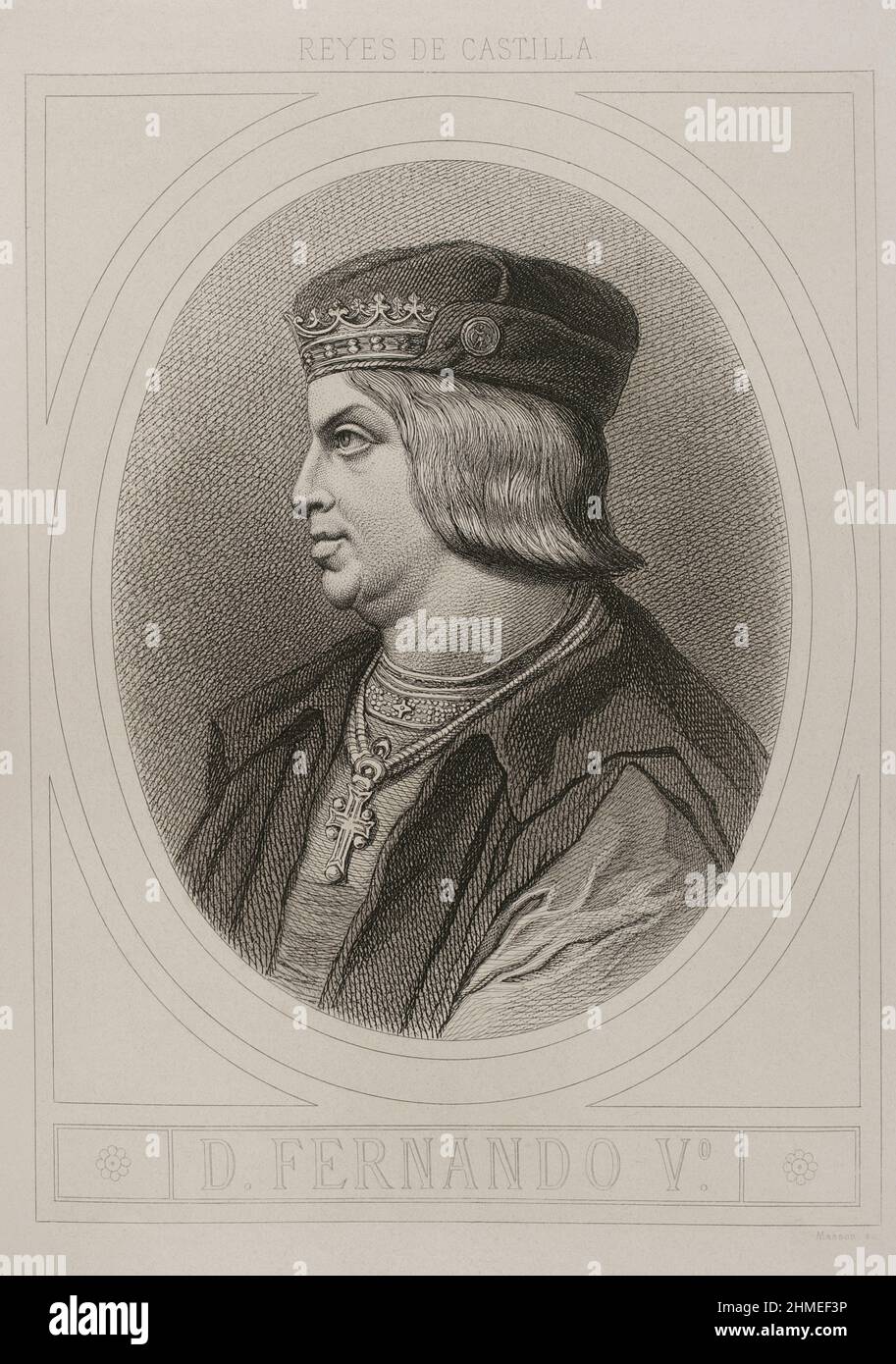 Ferdinando II d'Aragona, chiamato cattolico (1452-1516). Re della Corona di Aragona. Re di Castiglia come Ferdinando V (1474-1504). Verticale. Incisione di Masson. Litografato da Magín Pujadas. "Historia General de España", di Modesto Lafuente. Volume II. Pubblicato a Barcellona, 1879. Foto Stock