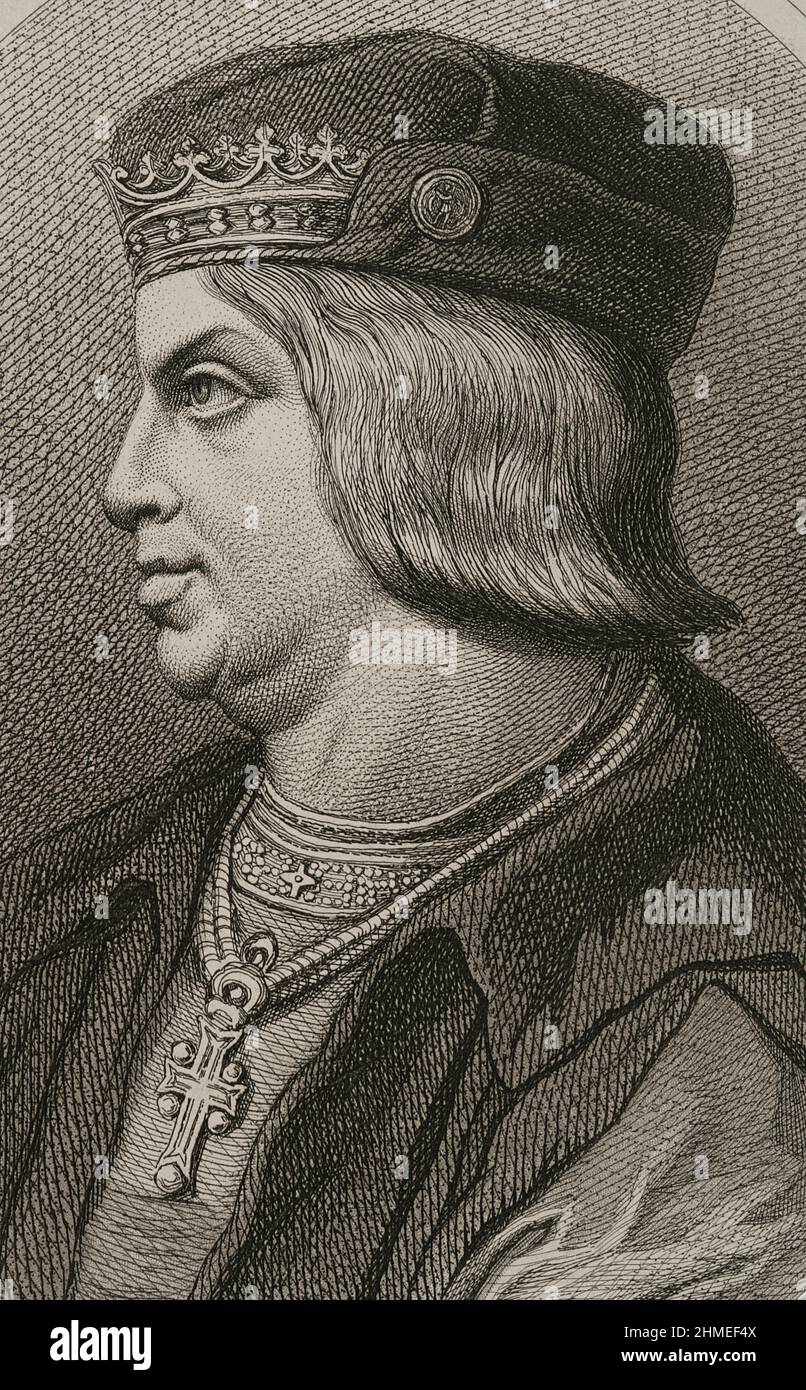 Ferdinando II d'Aragona, chiamato cattolico (1452-1516). Re della Corona di Aragona. Re di Castiglia come Ferdinando V (1474-1504). Verticale. Incisione di Masson. Litografato da Magín Pujadas. Dettaglio. "Historia General de España", di Modesto Lafuente. Volume II. Pubblicato a Barcellona, 1879. Foto Stock