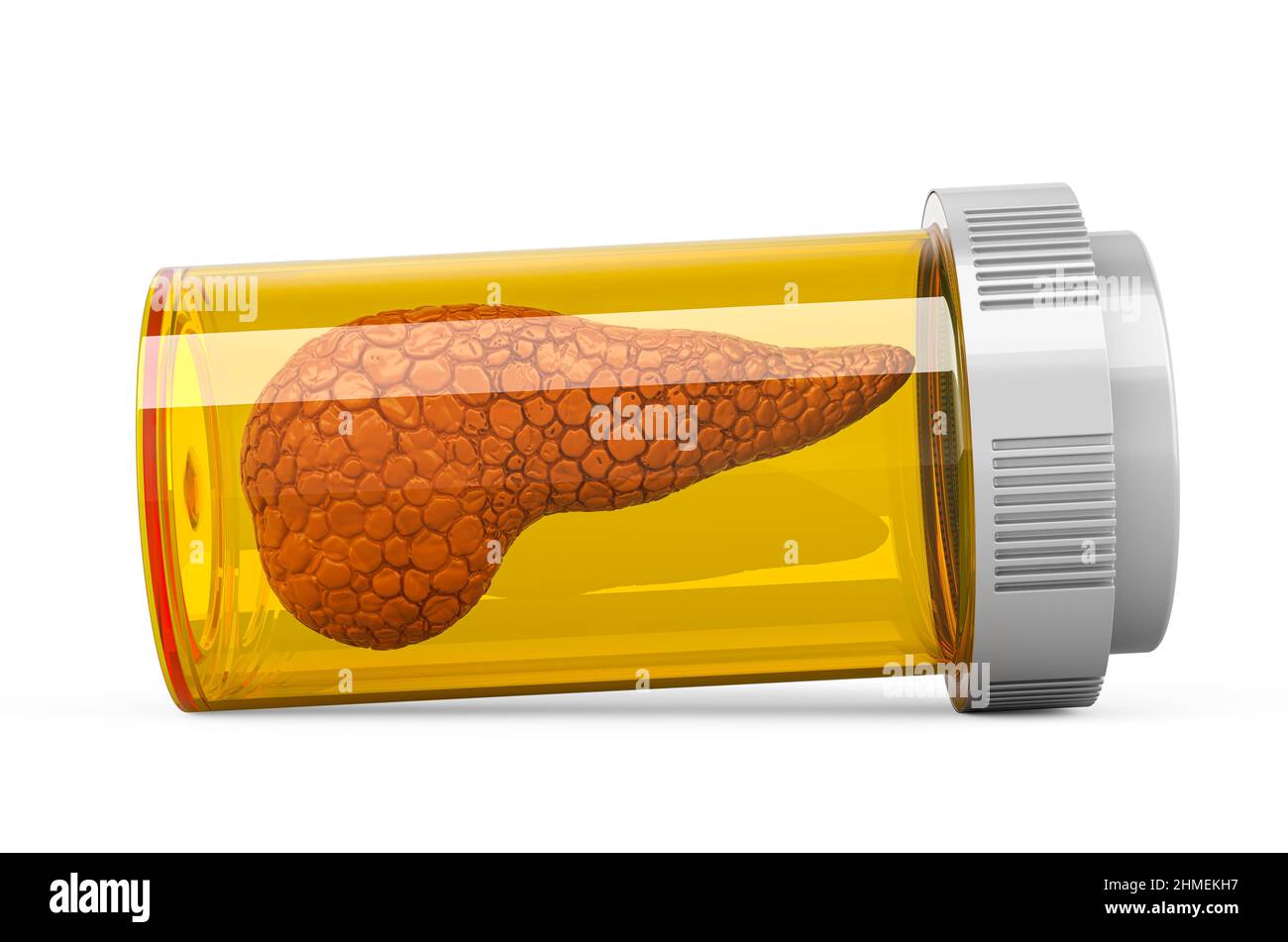 Pancreas all'interno del flacone medico da pillole. Medicinali per la malattia di pancreas, concetto. 3D rendering isolato su sfondo bianco Foto Stock