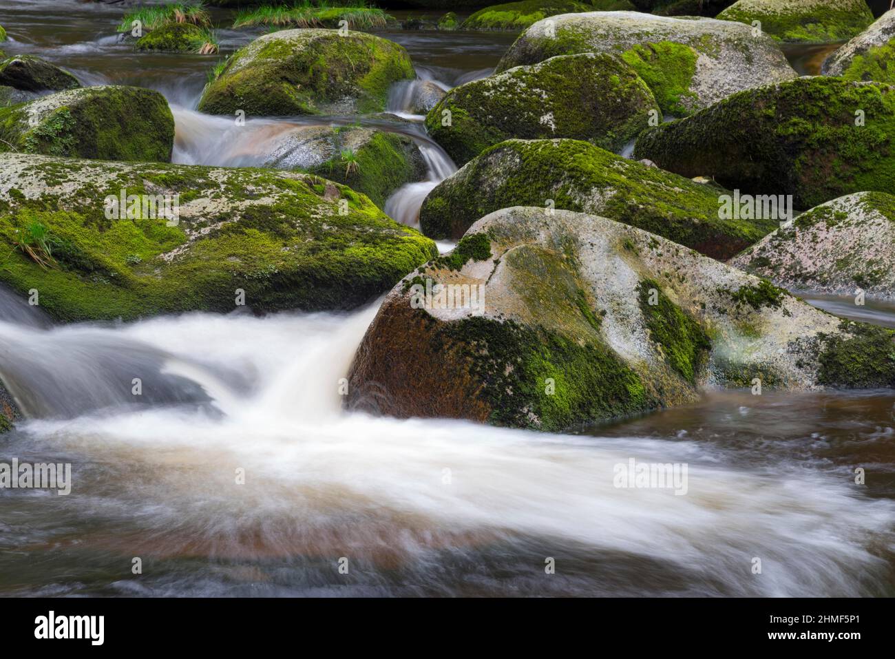 Lunga esposizione, fiume che scorre su pietre, fiume Vydra, Antigl, Okres Klatovy, Plzensky kraj, Sumava, Repubblica Ceca Foto Stock