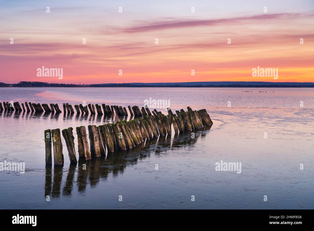 Atmosfera invernale sulla riva del lago Duemmer, tramonto, pista di pattinaggio, silenzio, Lembruch, Bassa Sassonia, Germanyy Foto Stock