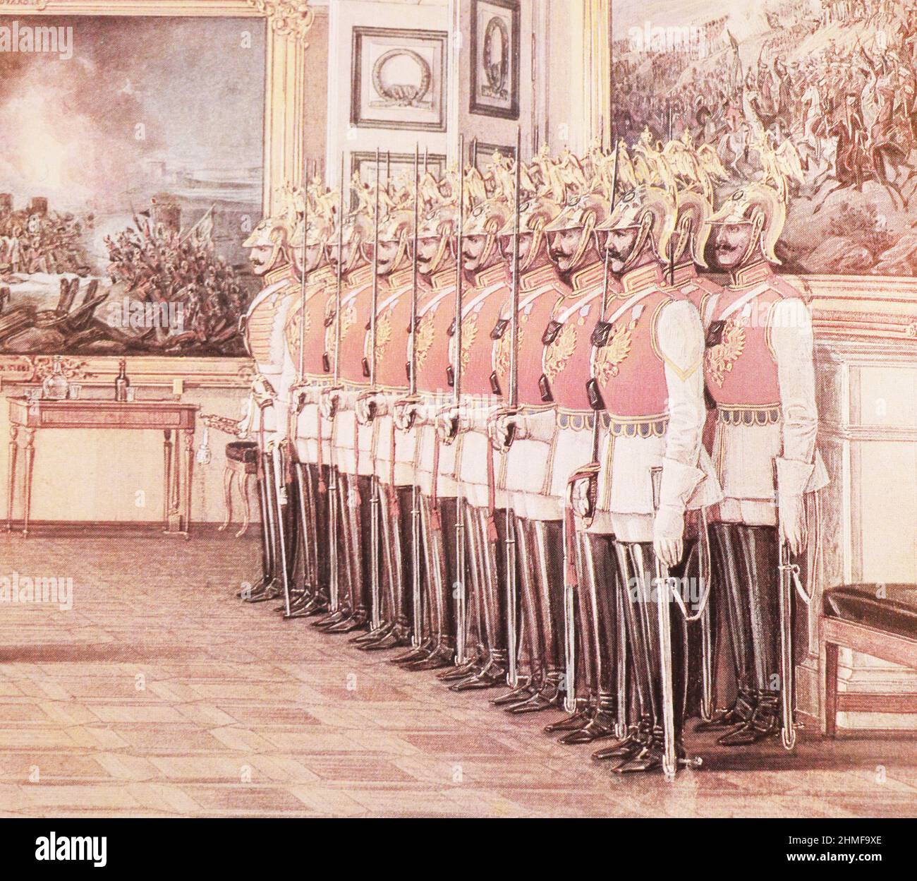 Guardia del Reggimento del Cavallo delle Guardie della vita nel Palazzo d'Inverno nel 1866. Foto Stock