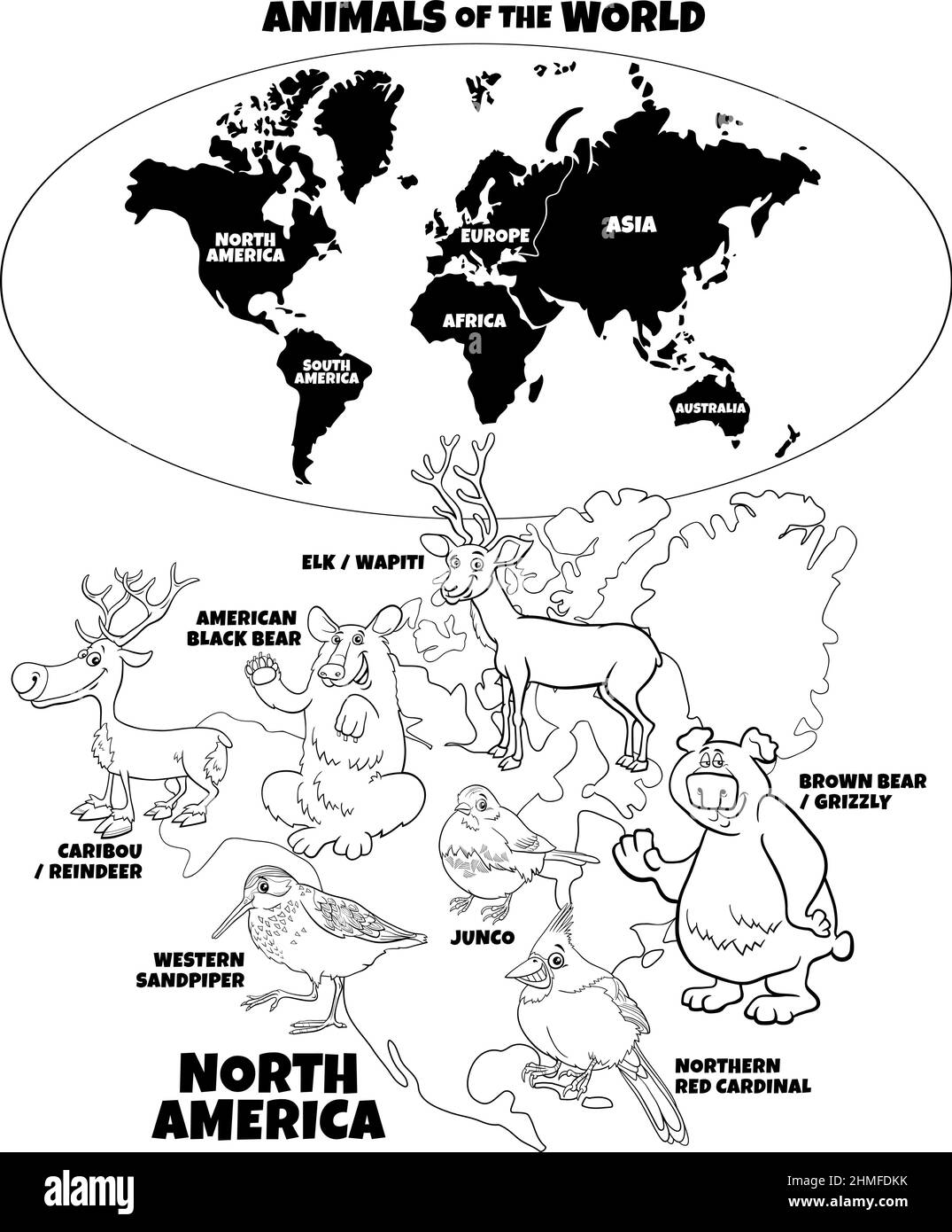 Illustrazione educativa in bianco e nero con cartoon animali nordamericani specie e mappa del mondo con continenti colorare pagina libro Illustrazione Vettoriale