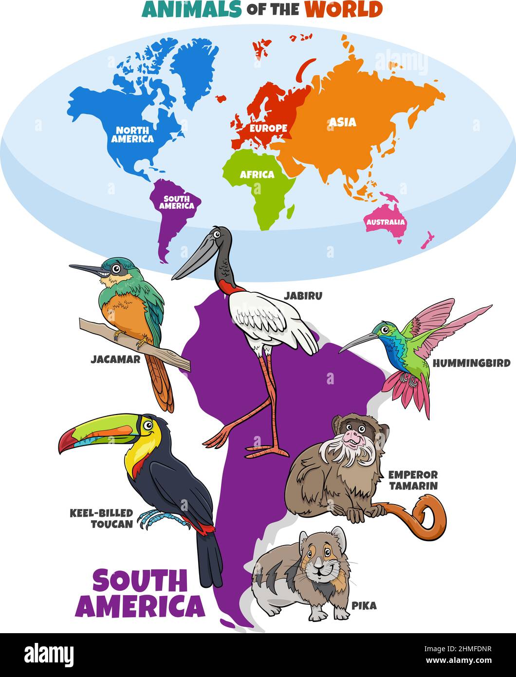 Illustrazione educativa con cartoon di specie animali sudamericane e mappa del mondo con continenti Illustrazione Vettoriale