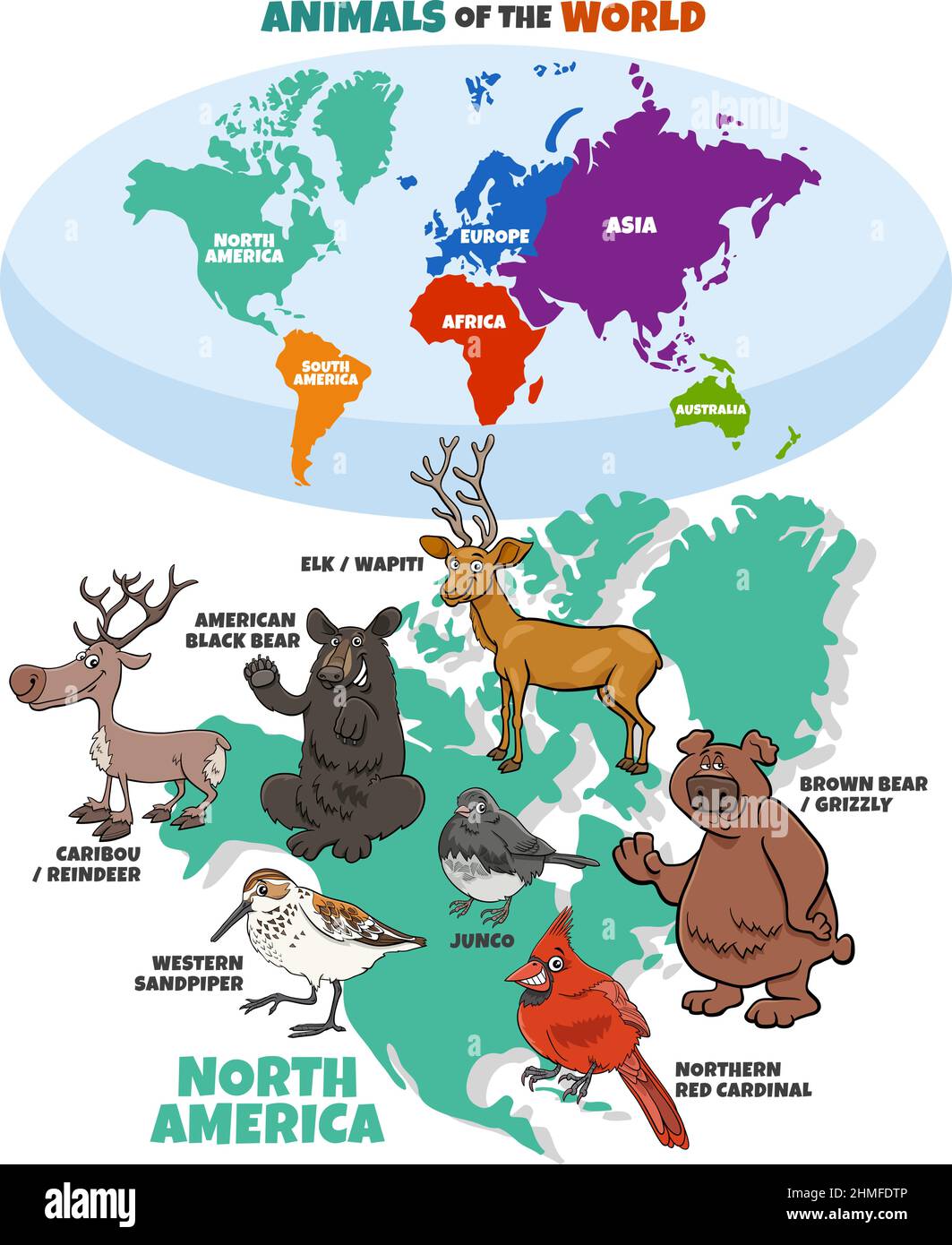 Illustrazione educativa con cartoni animati specie animali nordamericane e mappa del mondo con continenti Illustrazione Vettoriale