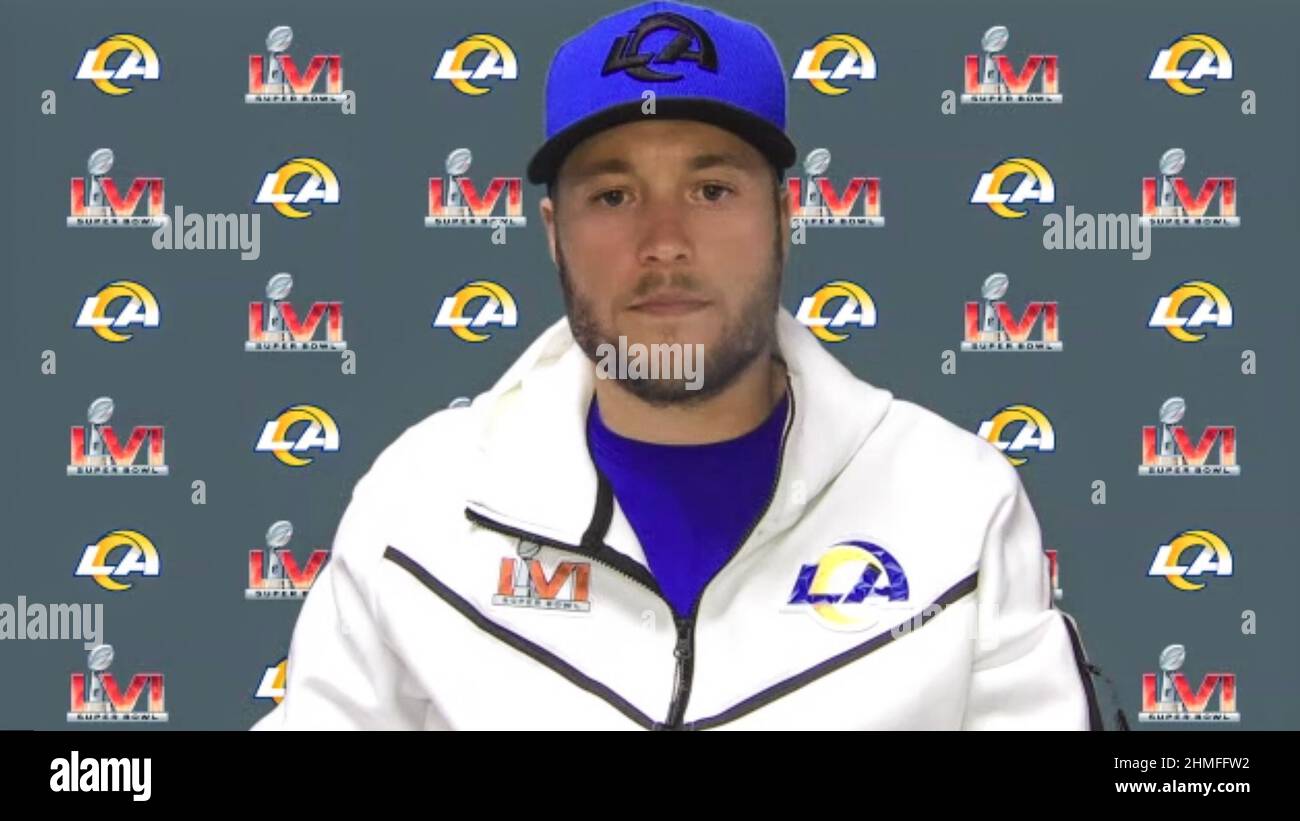 Los Angeles, Stati Uniti. 09th Feb 2022. Screen grab of Matthew Stafford Los Angeles Rams Quarterback #9 Speaking during a media Availability session released to the media on Feb. 9, 2022 for Super Bowl LVI between the Cincinnati Bengals and the Los Angeles Rams. (Foto NFL Virtual Media Center via Credit: Sipa USA/Alamy Live News Foto Stock