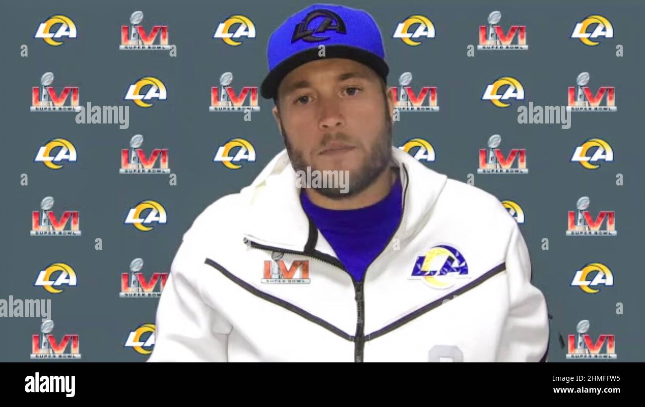Los Angeles, Stati Uniti. 09th Feb 2022. Screen grab of Matthew Stafford Los Angeles Rams Quarterback #9 Speaking during a media Availability session released to the media on Feb. 9, 2022 for Super Bowl LVI between the Cincinnati Bengals and the Los Angeles Rams. (Foto NFL Virtual Media Center via Credit: Sipa USA/Alamy Live News Foto Stock
