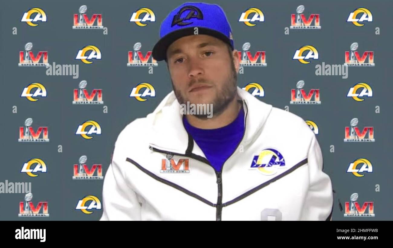 Los Angeles, Stati Uniti. 09th Feb 2022. Screen grab of Matthew Stafford Los Angeles Rams Quarterback #9 Speaking during a media Availability session released to the media on Feb. 9, 2022 for Super Bowl LVI between the Cincinnati Bengals and the Los Angeles Rams. (Foto NFL Virtual Media Center via Credit: Sipa USA/Alamy Live News Foto Stock