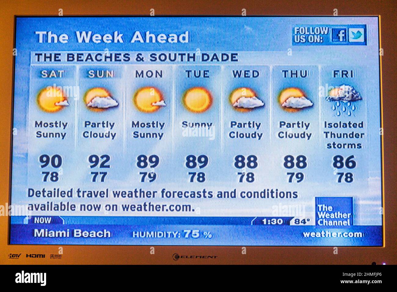 Miami Beach Florida, televisione, TV via cavo il canale meteo previsione temperatura Foto Stock