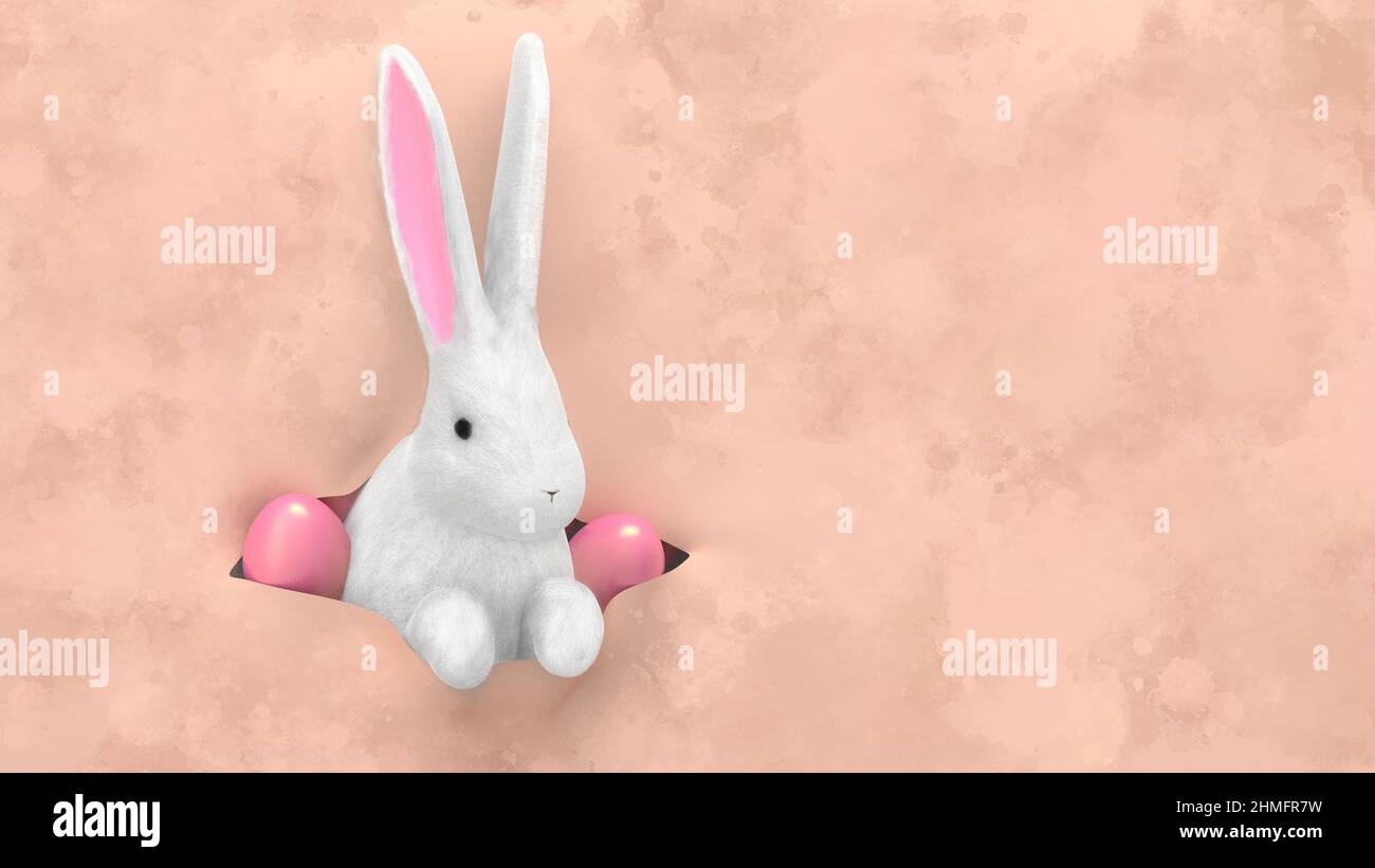 Una bandiera festiva con un coniglio bianco che sbucciava da una fessura nella carta con uova colorate. Cartolina per il giorno della Santa Pasqua. 3D rendering. Foto Stock