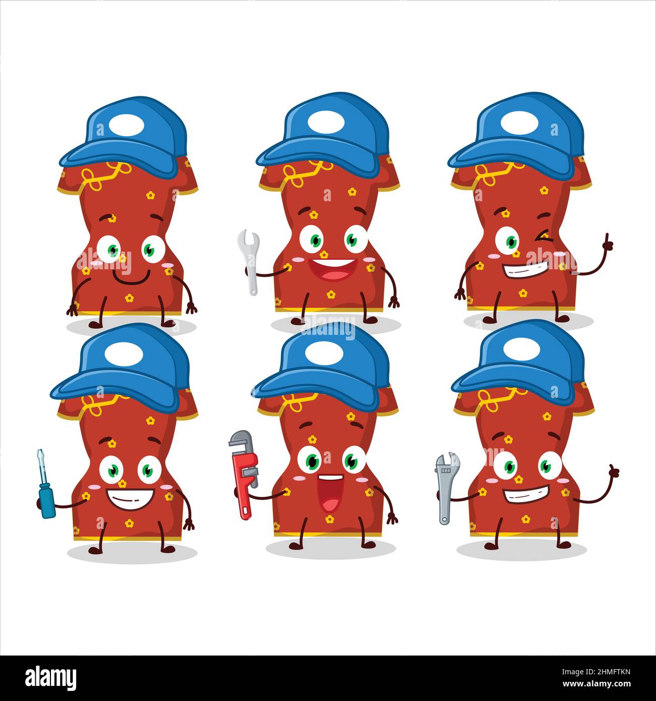 abbigliamento rosso meccanico di donna cinese carino personaggio mascotte con pinze. Illustrazione vettoriale Illustrazione Vettoriale