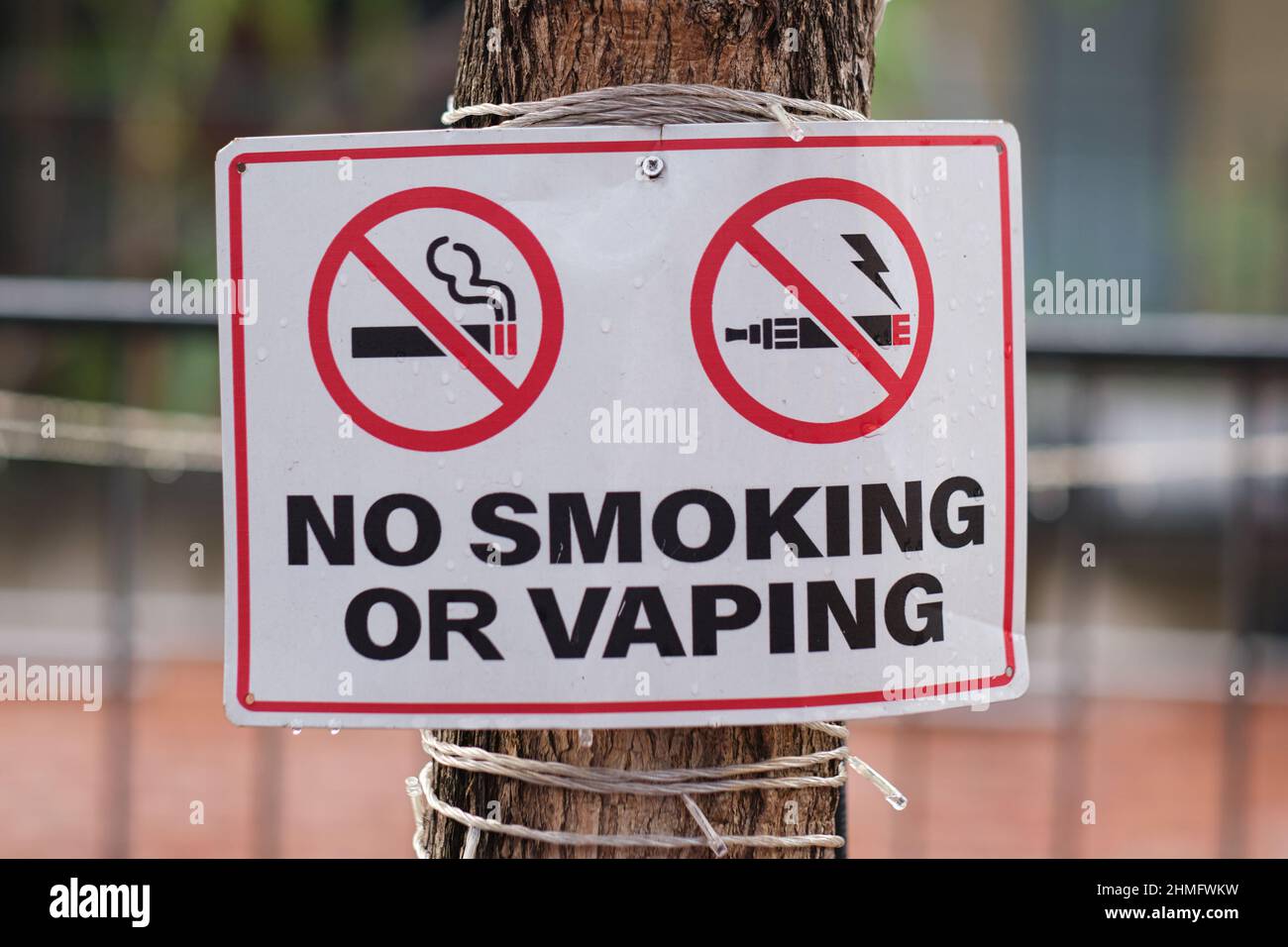 Un cartello che proibisce di fumare e di vaporizzare a Klong ONG Ang Walking Street, un mercato del fine settimana nella zona di Phahurat/Chinatown, Bangkok, Thailandia Foto Stock