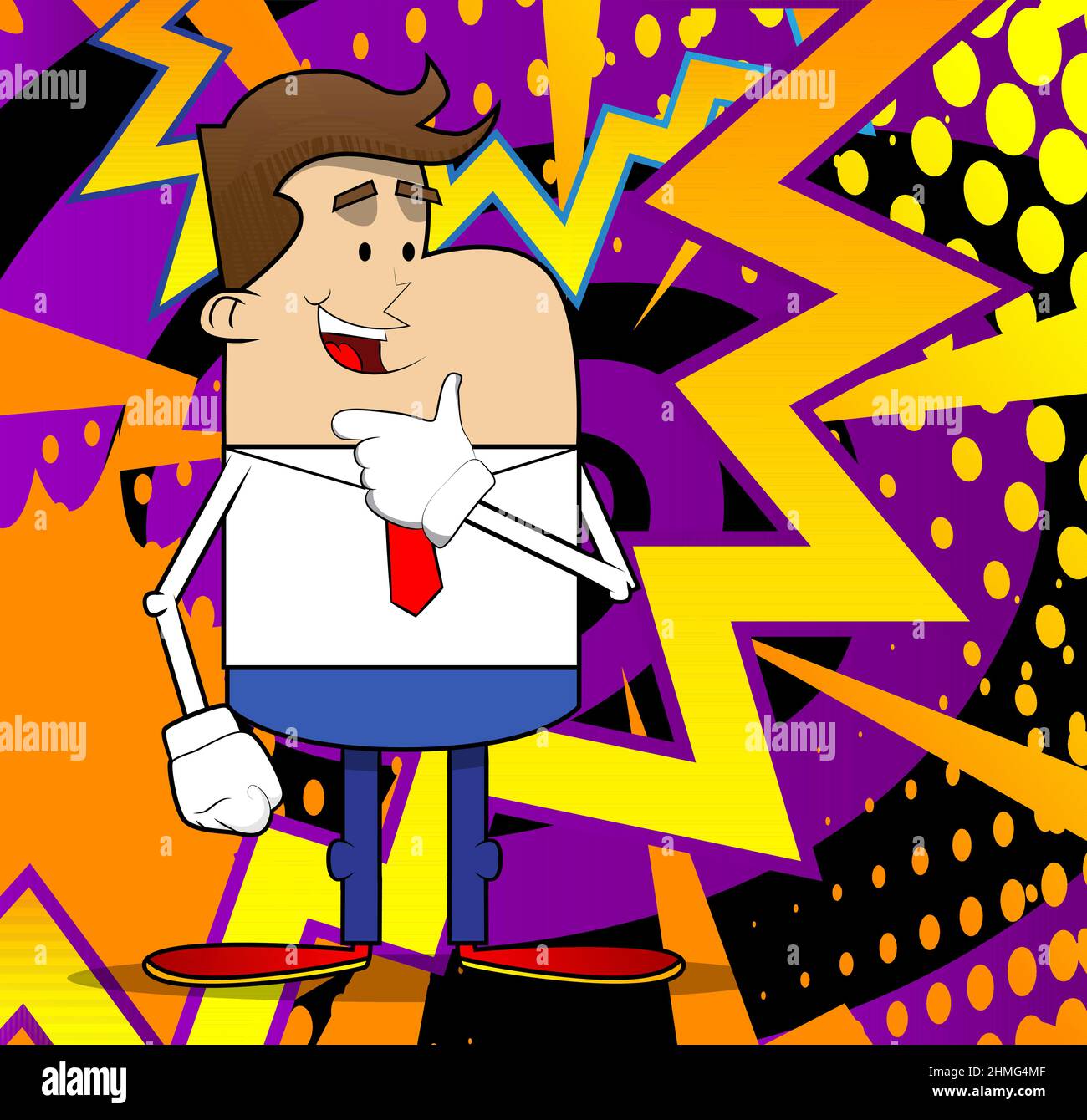 Semplice cartone animato retrò di un uomo d'affari che pensa. Maglietta bianca con cravatta rossa per dipendente finanziario professionista. Illustrazione Vettoriale