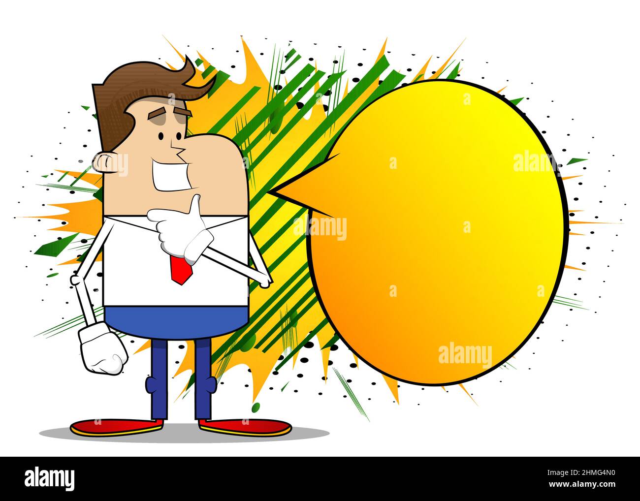 Semplice cartone animato retrò di un uomo d'affari che pensa. Maglietta bianca con cravatta rossa per dipendente finanziario professionista. Illustrazione Vettoriale