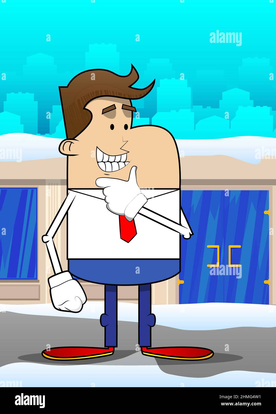 Semplice cartone animato retrò di un uomo d'affari che pensa. Maglietta bianca con cravatta rossa per dipendente finanziario professionista. Illustrazione Vettoriale