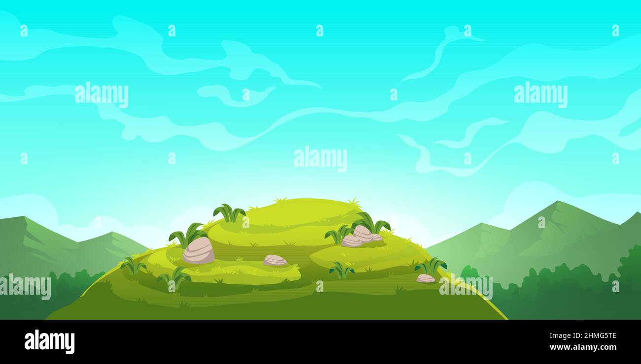 Cartoon natura paesaggio verde collina e rocce sotto il cielo blu con le nuvole. Scenario pittoresco sfondo, naturale tranquilla scena estiva verde hillock con pietre e erba, illustrazione Vector Illustrazione Vettoriale