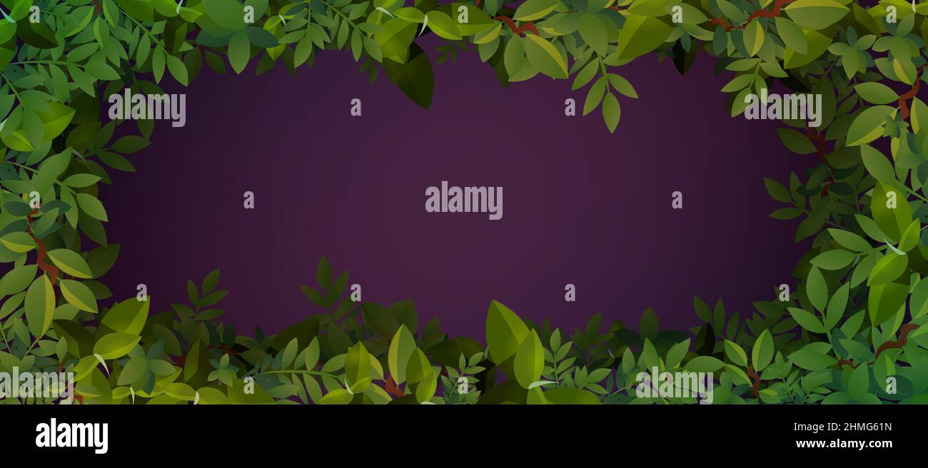 Cornice di foglie verdi su sfondo scuro con spazio di copia per testo o immagine. Cartoon border design con vegetazione lussureggiante e rami, modello per volantino, congratulazioni, invito, poster, banner o scheda Illustrazione Vettoriale