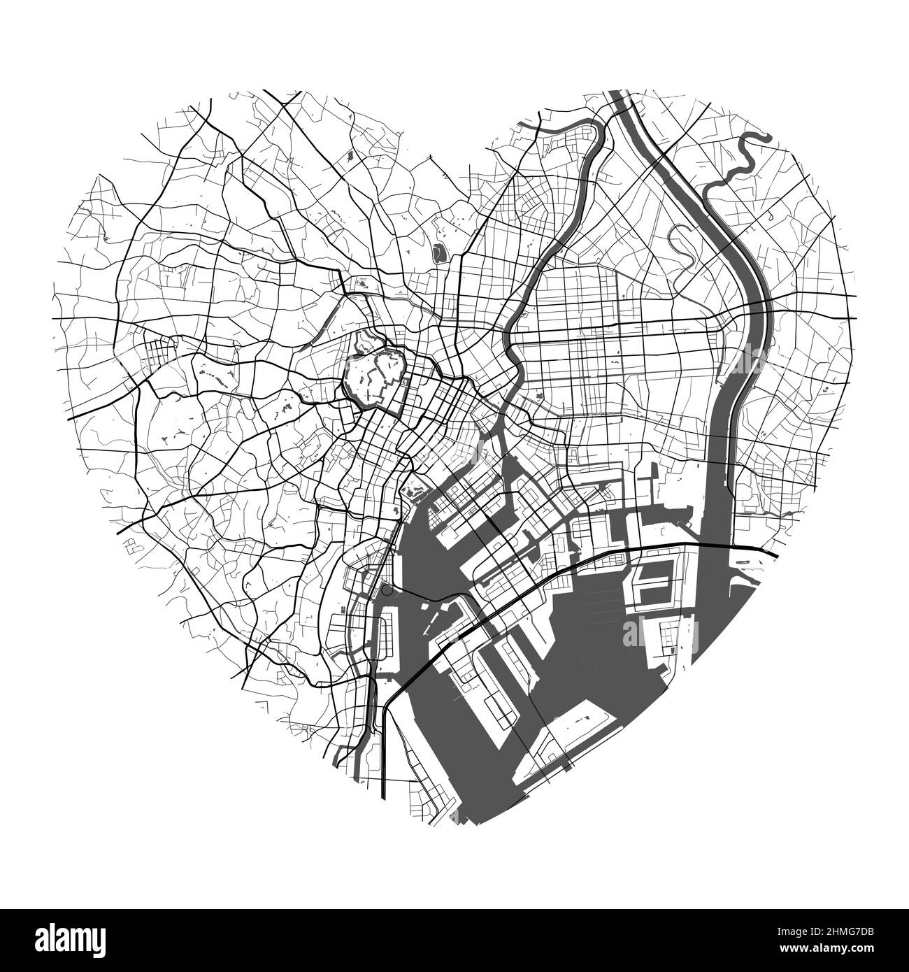 Mappa vettoriale della città di Tokyo a forma di cuore. Illustrazione dei colori bianco e nero. Strade, strade, fiumi. Illustrazione Vettoriale