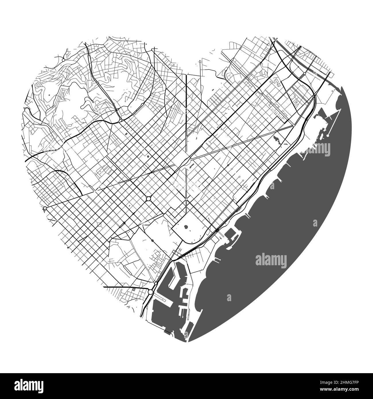 Mappa vettoriale a forma di cuore della città di Barcellona. Illustrazione dei colori bianco e nero. Strade, strade, fiumi. Illustrazione Vettoriale