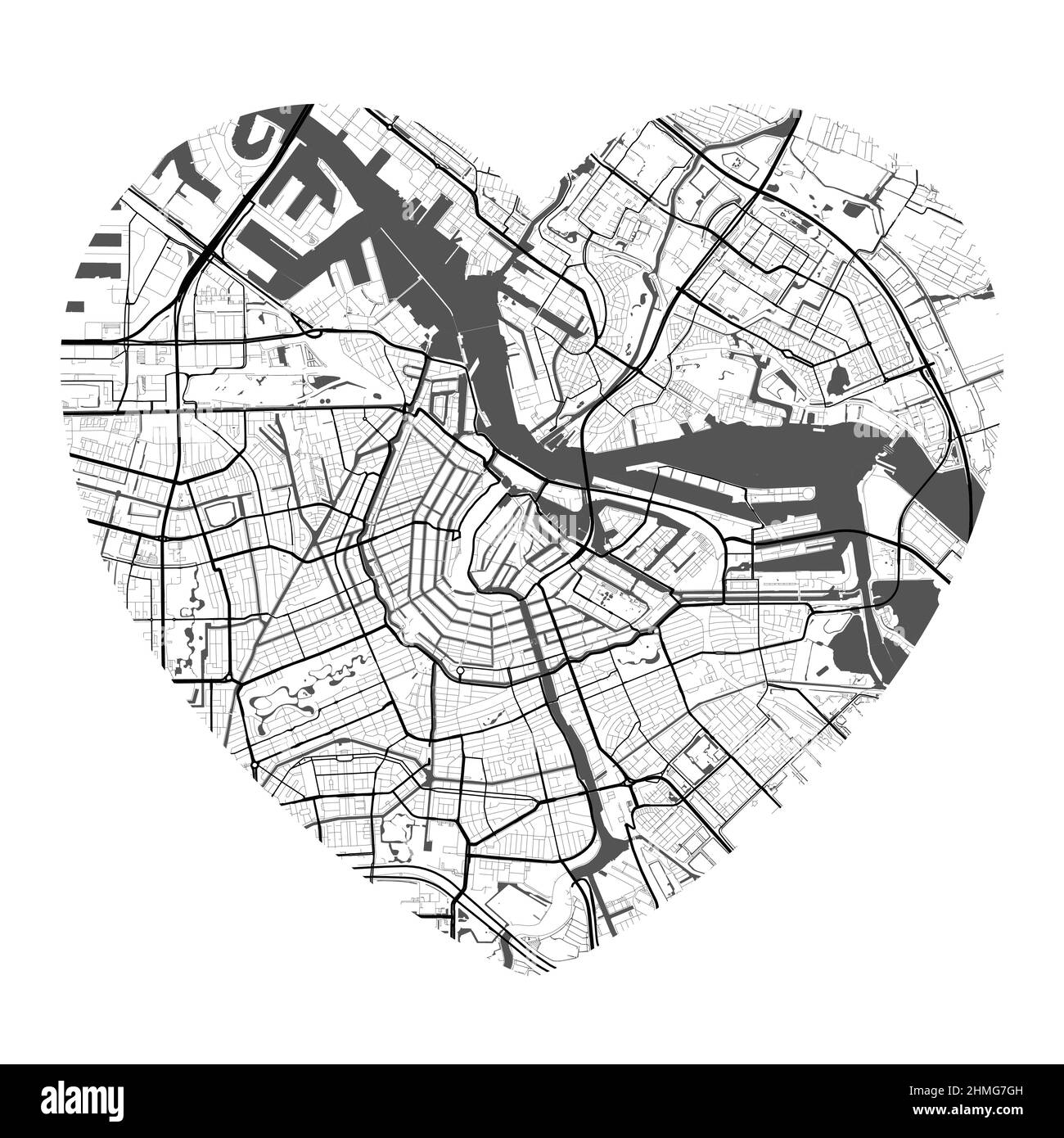 Mappa vettoriale a forma di cuore della città di Amsterdam. Illustrazione dei colori bianco e nero. Strade, strade, fiumi. Illustrazione Vettoriale