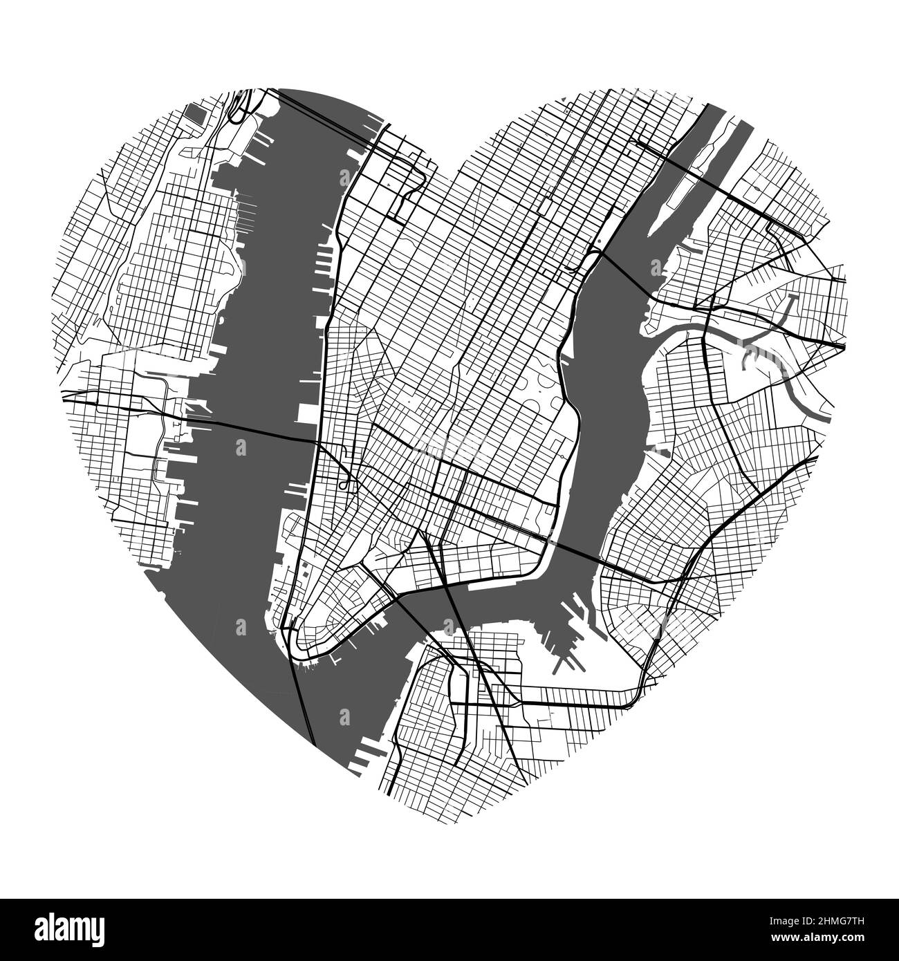 Mappa vettoriale a forma di cuore della città di New York. Illustrazione dei colori bianco e nero. Strade, strade, fiumi. Illustrazione Vettoriale