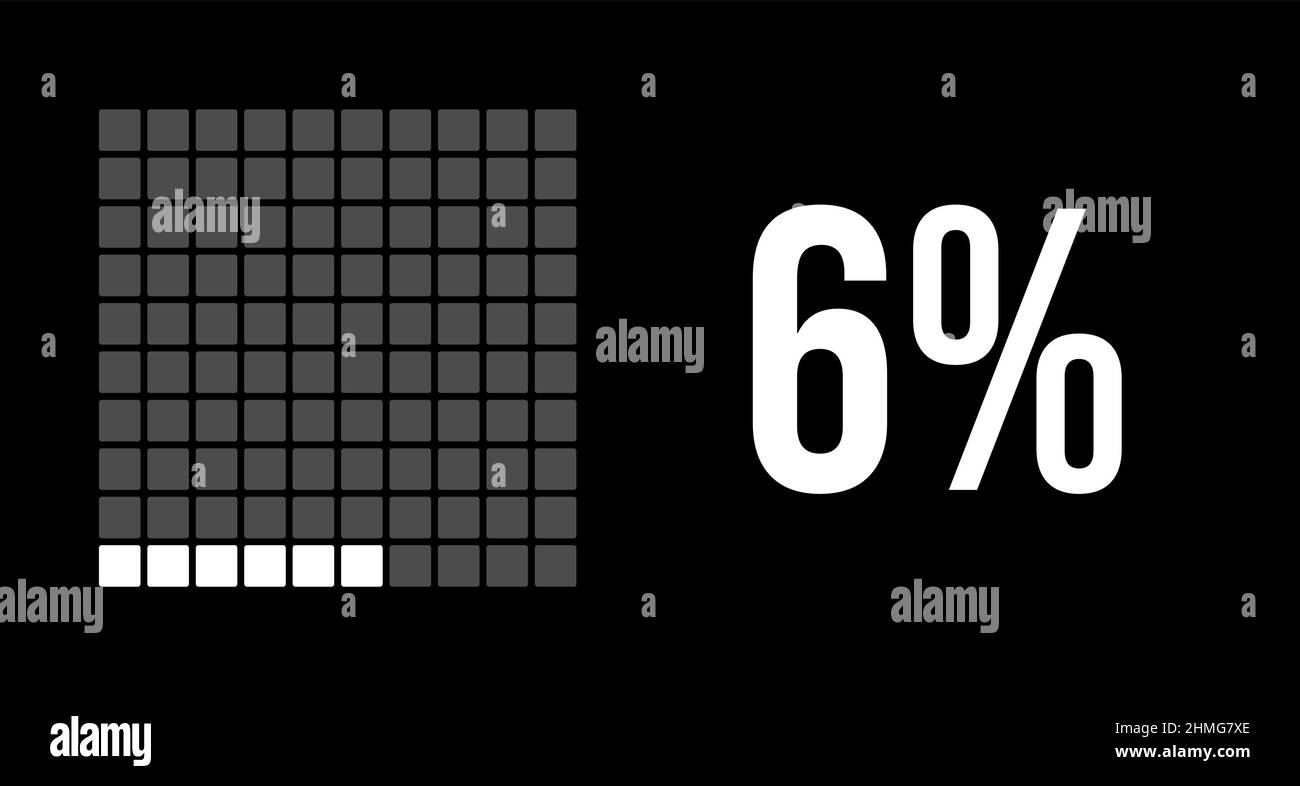 diagramma del 6%, infografica vettoriale a sei percentuali. Rettangoli arrotondati che formano un grafico quadrato. Colore bianco su sfondo nero. Illustrazione Vettoriale