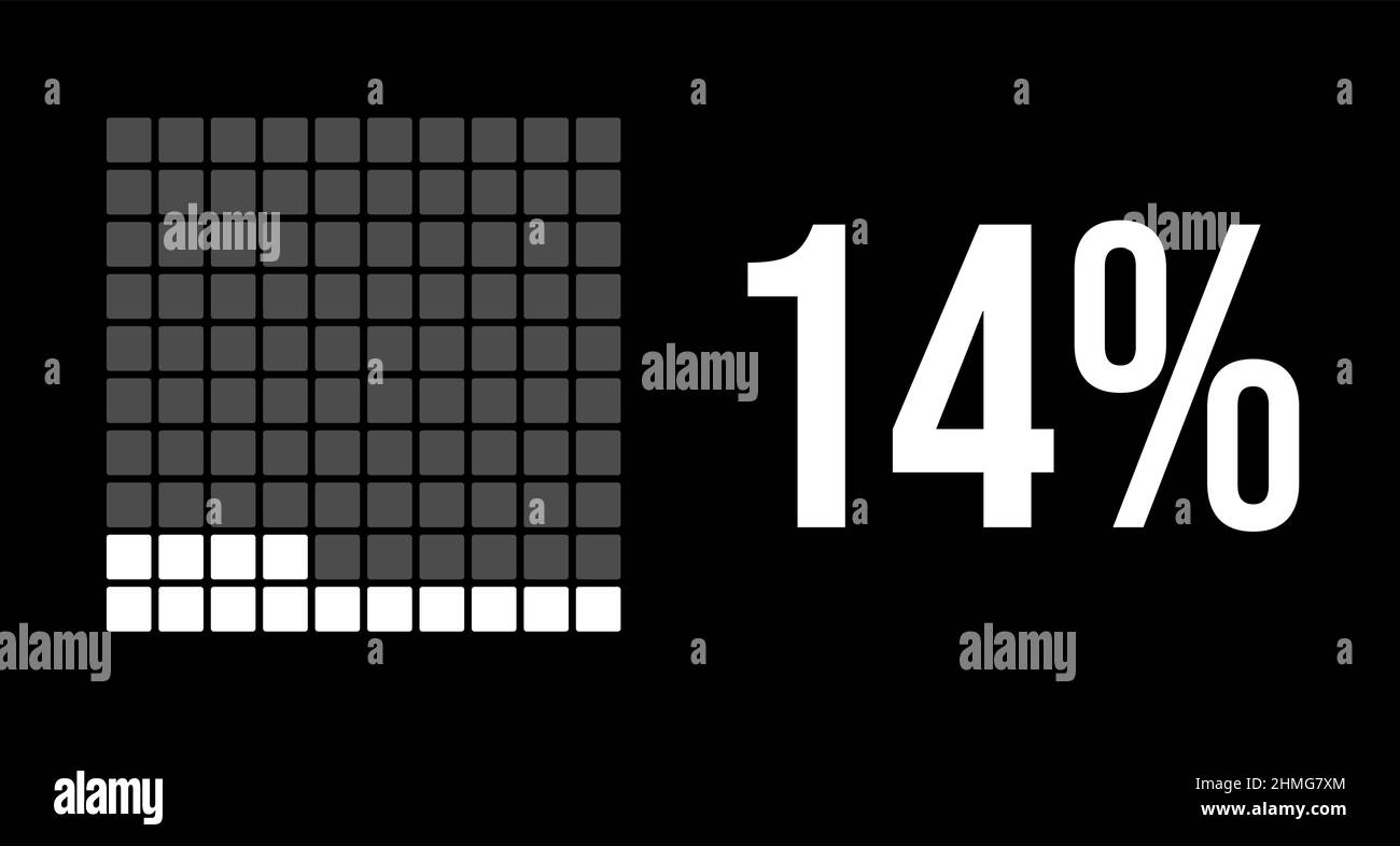 diagramma del 14%, infografica vettoriale in quattordici percentuali. Rettangoli arrotondati che formano un grafico quadrato. Colore bianco su sfondo nero. Illustrazione Vettoriale