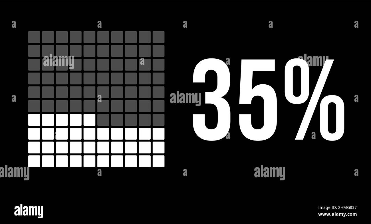 diagramma del 35%, infografica vettoriale a trentacinque%. Rettangoli arrotondati che formano un grafico quadrato. Colore bianco su sfondo nero. Illustrazione Vettoriale