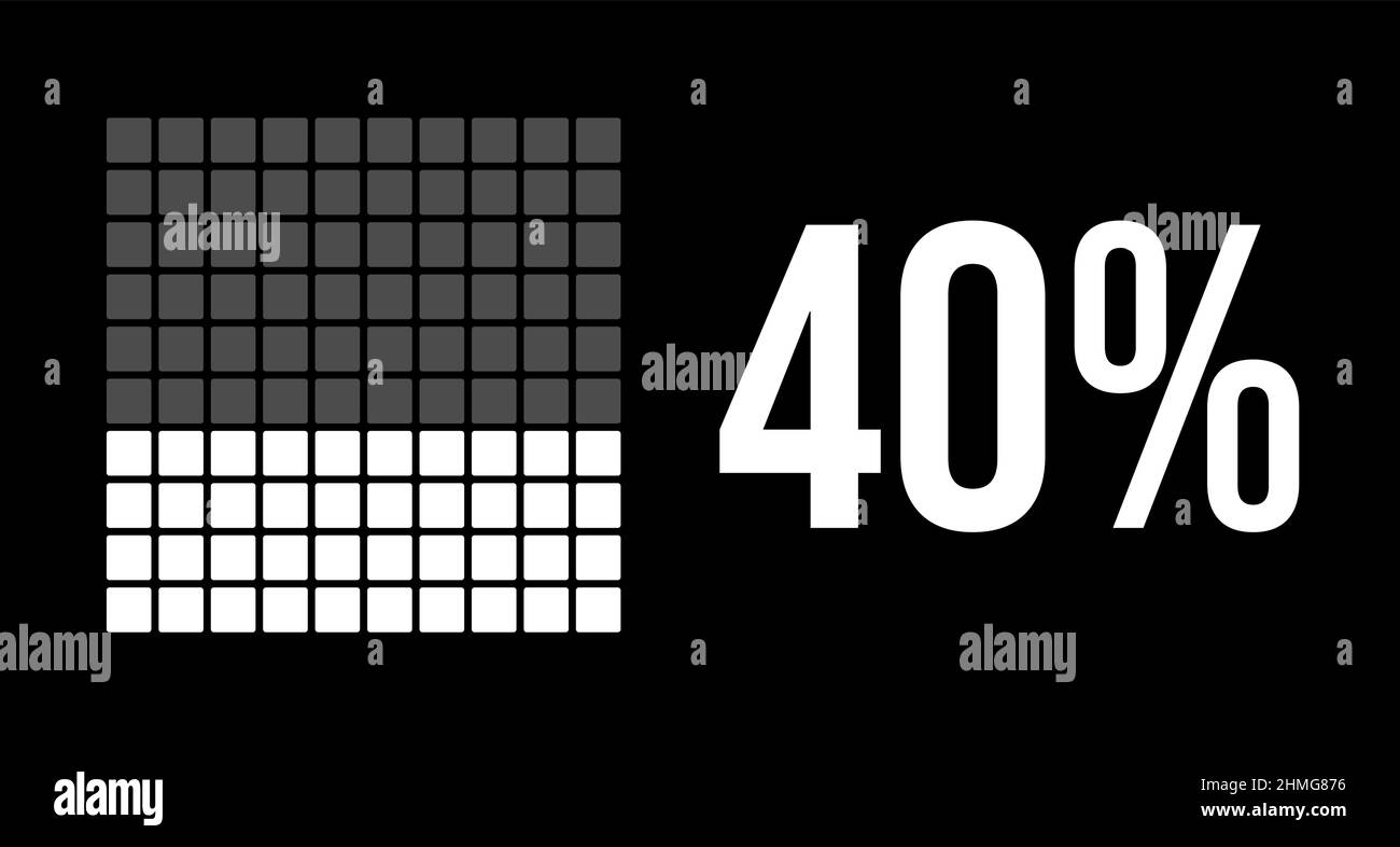 diagramma del 40%, infografica vettoriale in quaranta percentuale. Rettangoli arrotondati che formano un grafico quadrato. Colore bianco su sfondo nero. Illustrazione Vettoriale