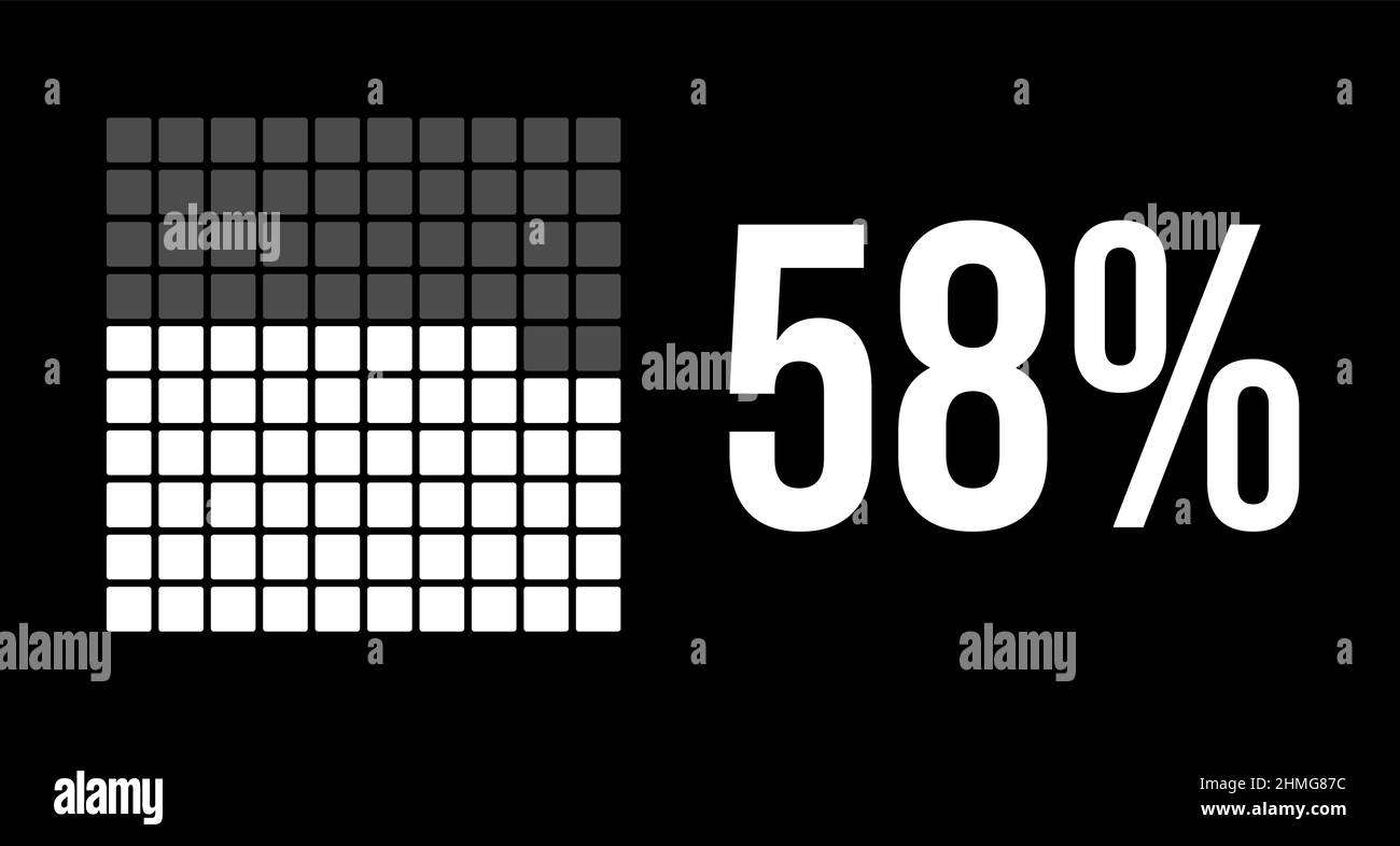 diagramma del 58%, infografica vettoriale a cinquantotto percentuali. Rettangoli arrotondati che formano un grafico quadrato. Colore bianco su sfondo nero. Illustrazione Vettoriale