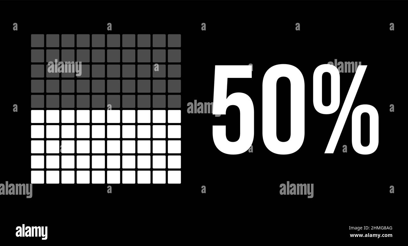 diagramma del 50%, infografica vettoriale in cinquanta percentuale. Rettangoli arrotondati che formano un grafico quadrato. Colore bianco su sfondo nero. Illustrazione Vettoriale