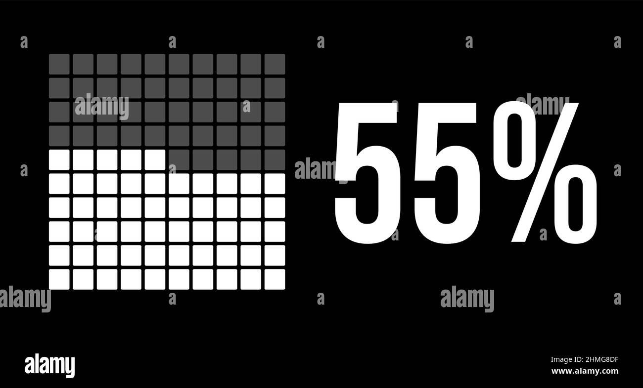 diagramma del 55%, infografica vettoriale a cinquantacinque%. Rettangoli arrotondati che formano un grafico quadrato. Colore bianco su sfondo nero. Illustrazione Vettoriale