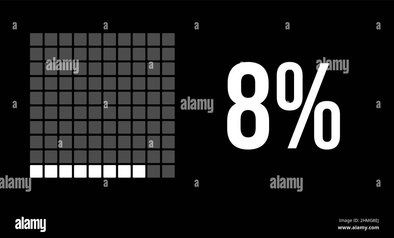 diagramma del 8%, infografica vettoriale a otto percentuali. Rettangoli arrotondati che formano un grafico quadrato. Colore bianco su sfondo nero. Illustrazione Vettoriale