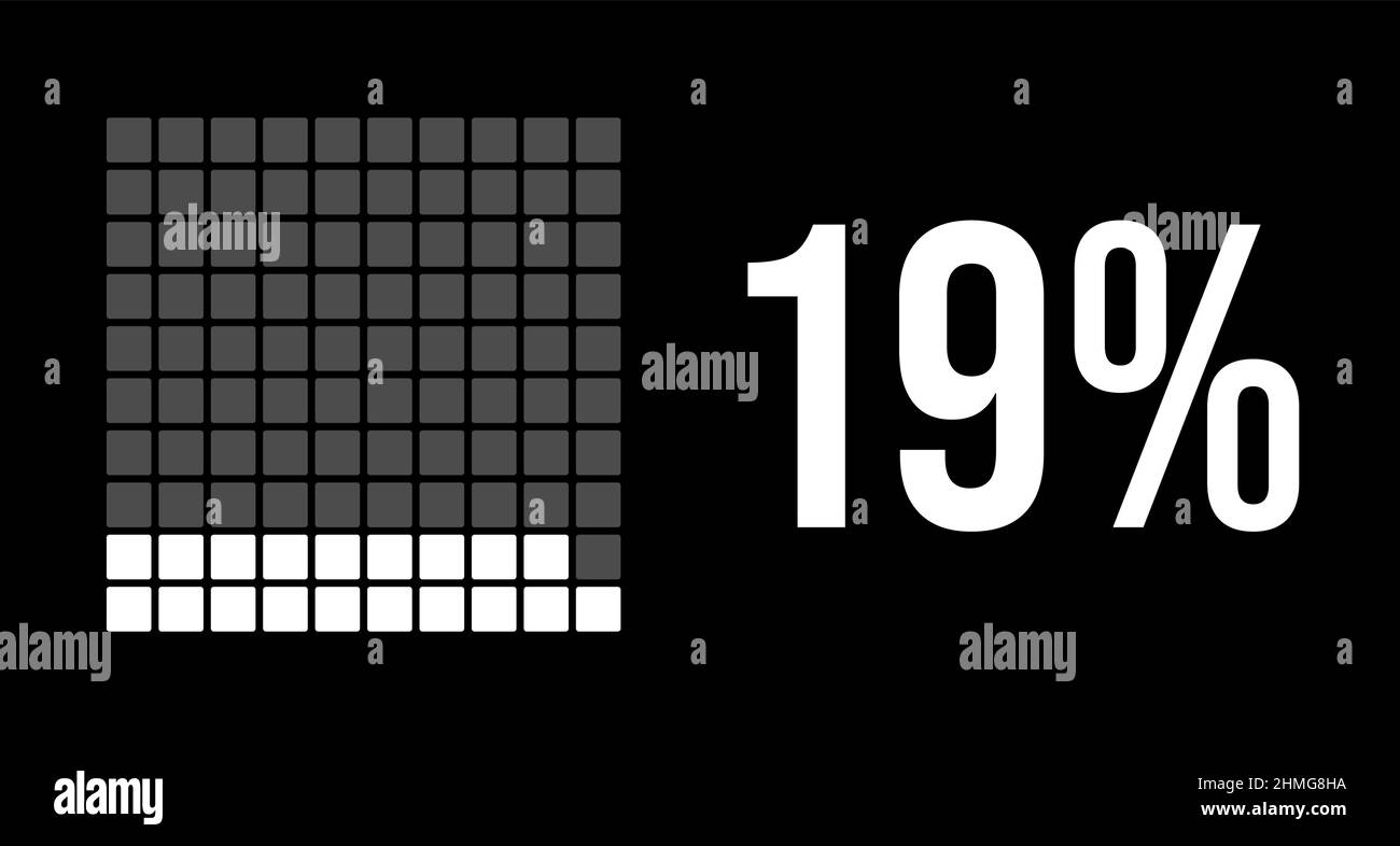 diagramma del 19%, infografica vettoriale in diciannove percentuali. Rettangoli arrotondati che formano un grafico quadrato. Colore bianco su sfondo nero. Illustrazione Vettoriale