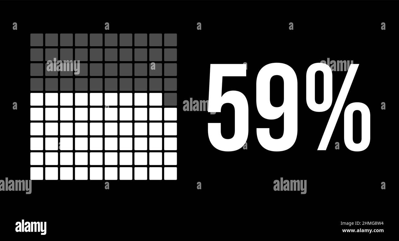 diagramma del 59%, infografica vettoriale a cinquantanove%. Rettangoli arrotondati che formano un grafico quadrato. Colore bianco su sfondo nero. Illustrazione Vettoriale